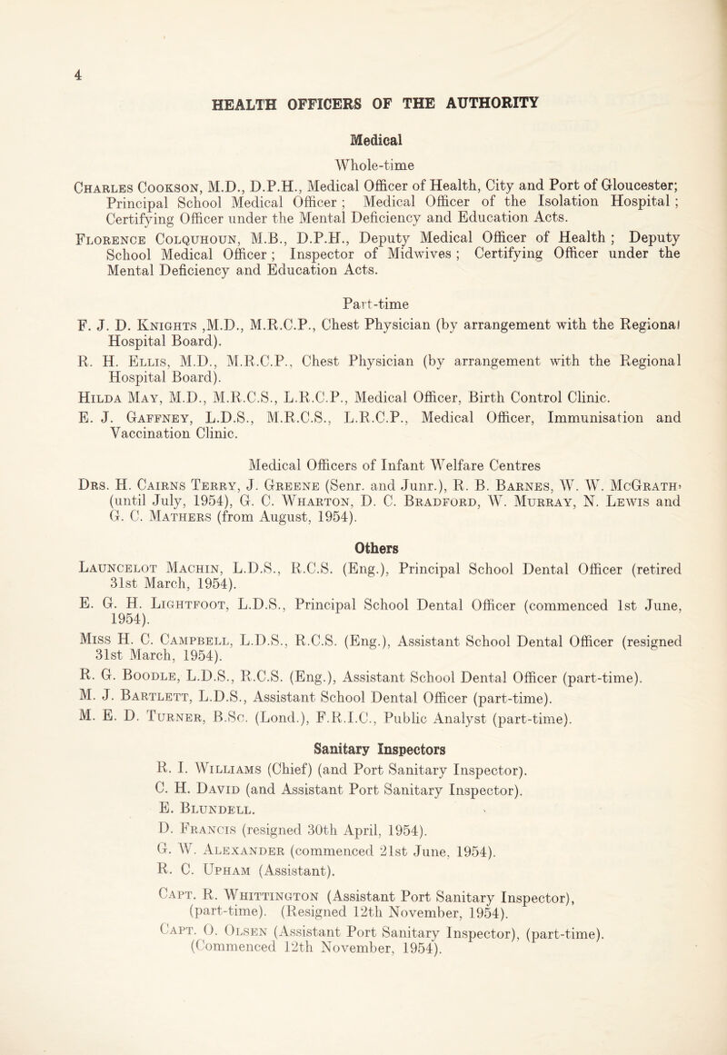 HEALTH OFFICERS OF THE AUTHORITY Medical Whole-time Charles Cookson, M.D., D.P.H., Medical Officer of Health, City and Port of Gloucester; Principal School Medical Officer ; Medical Officer of the Isolation Hospital ; Certifying Officer under the Mental Deficiency and Education Acts. Florence Colquhoun, M.B., D.P.H., Deputy Medical Officer of Health ; Deputy School Medical Officer ; Inspector of Midwives ; Certifying Officer under the Mental Deficiency and Education Acts. Part-time F. J. D. Knights ,M.D., M.R.C.P., Chest Physician (by arrangement with the Regionai Hospital Board). R. H. Ellis, M.D., M.R.C.P., Chest Physician (by arrangement with the Regional Hospital Board). Hilda May, M.D., M.R.C.S., L.R.C.P., Medical Officer, Birth Control Clinic. E. J. Gaffney, L.D.S., M.R.C.S., L.R.C.P., Medical Officer, Immunisation and Vaccination Clinic. Medical Officers of Infant Welfare Centres Drs. H. Cairns Terry, J. Greene (Senr. and Junr.), R. B. Barnes, W. W. McGrath* (until July, 1954), G. C. Wharton, D. C. Bradford, W. Murray, N. Lewis and G. C. Mathers (from August, 1954). Others Launcelot Machin, L.D.S., R.C.S. (Eng.), Principal School Dental Officer (retired 31st March, 1954). E. G. H. Lightfoot, L.D.S., Principal School Dental Officer (commenced 1st June, 1954). Miss H. C. Campbell, L.D.S., R.C.S. (Eng.), Assistant School Dental Officer (resigned 31st March, 1954). R. G. Boodle, L.D.S., R.C.S. (Eng.), Assistant School Dental Officer (part-time). M. J. Bartlett, L.D.S., Assistant School Dental Officer (part-time). M. E. D. Turner, B.Sc. (Bond.), F.R.I.C., Public Analyst (part-time). Sanitary Inspectors R. I. Williams (Chief) (and Port Sanitary Inspector). C. H. David (and Assistant Port Sanitary Inspector). E. Blundell. D. Francis (resigned 30th April, 1954). G. W. Alexander (commenced 21st June, 1954). R. C. Upham (Assistant). Capt. R. Whittington (Assistant Port Sanitary Inspector), (part-time). (Resigned r2th November, 1954). Capt. 0. Olsen (Assistant Port Sanitary Inspector), (part-time). (Commenced 12th November, 1954).