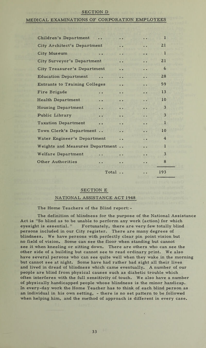 MEDICAL EXAMINATIONS OF CORPORATION EMPLOYEES Children's Department . . . . . . 1 City Architect's Department . . . . 21 City Museum. . . . . . . 1 City Surveyor's Department . . . . 21 City Treasurer's Department . . . . 6 Education Department . . . . . . 28 Entrants to Training Colleges . . . . 59 Fire Brigade . . . . . . 13 Health Department . . . . . . 10 Housing Department . . . . . . 3 Public Library . . . . . . 3 Taxation Department . . . . . . 1 Town Clerk's Department . . . . . . 10 Water Engineer's Department . . .. 4 Weights and Measures Department . . . . 1 Welfare Department . . . . . . 3 Other Authorities . . . . . . 8 Total . . . . 193 SECTION E NATIONAL ASSISTANCE ACT 1948 The Home Teachers of the Blind report:- The definition of blindness for the purpose of the National Assistance Act is So blind as to be unable to perform any work (action) for which eyesight is essential.  Fortunately, there are very few totally blind persons included in our City register. There are many degrees of blindness. We have persons with perfectly clear pin point vision but no field of vision. Some can see the floor when standing but cannot see it when kneeling or sitting down. There are others who can see the other side of a building but cannot see to read ordinary print. We also have several persons who can see quite well when they wake in the morning but cannot see at night. Some have had rather bad sight all their lives and lived in dread of blindness which came eventually. A number of our people are blind from physical causes such as diabetic trouble which often interferes with the full sensitivity of touch. We also have a number of physically handicapped people whose blindness is the minor handicap. In every-day work the Home Teacher has to think of each blind person as an individual in his own setting, - there is no set pattern to be followed when helping him, and the method of approach is different in every case.