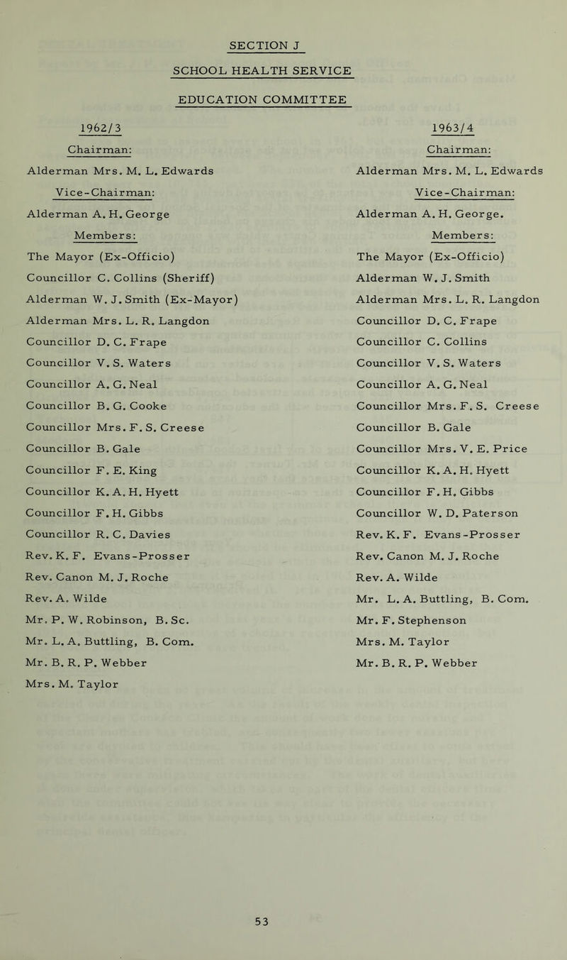 SCHOOL HEALTH SERVICE EDUCATION COMMITTEE 1962/3 1963/4 Chairman: Chairman: Alderman Mrs. M. L. Edwards Alderman Mrs. M. L. Edwards Vice-Chairman: Vice-Chairman: Alderman A. H. George Alderman A. H. George. Members: Members: The Mayor (Ex-Officio) The Mayor (Ex-Officio) Councillor C. Collins (Sheriff) Alderman W. J. Smith Alderman W. J. Smith (Ex-Mayor) Alderman Mrs. L. R. Langdon Alderman Mrs. L. R. Langdon Councillor D. C. Frape Councillor D. C.Frape Councillor C. Collins Councillor V. S. Waters Councillor V. S. Waters Councillor A. G. Neal Councillor A. G. Neal Councillor B. G. Cooke Councillor Mrs.F. S. Creese Councillor Mrs. F. S. Creese Councillor B. Gale Councillor B. Gale Councillor Mrs. V. E. Price Councillor F. E. King Councillor K.A.H. Hyett Councillor K.A.H. Hyett Councillor F.H. Gibbs Councillor F.H. Gibbs Councillor W. D. Paterson Councillor R. C. Davies Rev. K.F. Evans-Prosser Rev. K. F. Evans-Prosser Rev. Canon M. J. Roche Rev. Canon M. J. Roche Rev. A. Wilde Rev. A. Wilde Mr. L. A. Buttling, B. Com. Mr. P. W. Robinson, B. Sc. Mr. F. Stephenson Mr. L. A. Buttling, B. Com. Mrs. M. Taylor Mr. B. R. P. Webber Mrs. M. Taylor Mr. B. R. P. Webber