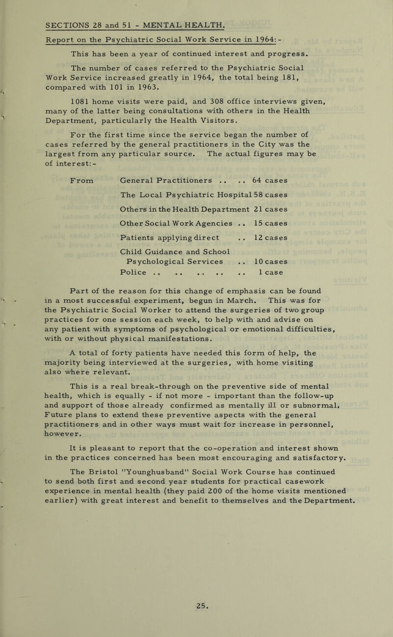 SECTIONS 28 and 51 - MENTAL HEALTH. Report on the Psychiatric Social Work Service in 1964: - This has been a year of continued interest and progress. The number of cases referred to the Psychiatric Social Work Service increased greatly in 1964, the total being 181, compared with 101 in 1963. 1081 home visits were paid, and 308 office interviews given, many of the latter being consultations with others in the Health Department, particularly the Health Visitors. For the first time since the service began the number of cases referred by the general practitioners in the City was the largest from any particular source. The actual figures may be of interest: - From General Practitioners . . . . 64 cases The Local Psychiatric Hospital 58 cases Others in the Health Department 21 cases Other Social Work Agencies .. 15 cases Patients applying direct . . 12 cases Child Guidance and School Psychological Services Police . . 10 cases 1 case Part of the reason for this change of emphasis can be found in a most successful experiment, begun in March. This was for the Psychiatric Social Worker to attend the surgeries of two group practices for one session each week, to help with and advise on any patient with symptoms of psychological or emotional difficulties, with or without physical manifestations. A total of forty patients have needed this form of help, the majority being interviewed at the surgeries, with home visiting also where relevant. This is a real break-through on the preventive side of mental health, which is equally - if not more - important than the follow-up and support of those already confirmed as mentally ill or subnormal. Future plans to extend these preventive aspects with the general practitioners and in other ways must wait for increase in personnel, however. It is pleasant to report that the co-operation and interest shown in the practices concerned has been most encouraging and satisfactory. The Bristol Younghusband Social Work Course has continued to send both first and second year students for practical casework experience in mental health (they paid 200 of the home visits mentioned earlier) with great interest and benefit to themselves and the Department.