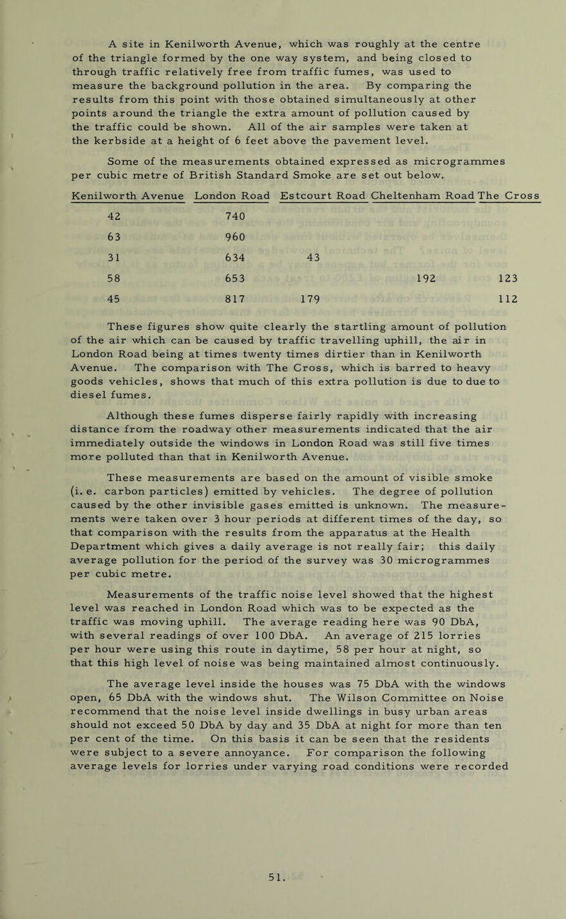 A site in Kenilworth Avenue, which was roughly at the centre of the triangle formed by the one way system, and being closed to through traffic relatively free from traffic fumes, was used to measure the background pollution in the area. By comparing the results from this point with those obtained simultaneously at other points around the triangle the extra amount of pollution caused by the traffic could be shown. All of the air samples were taken at the kerbside at a height of 6 feet above the pavement level. Some of the measurements obtained expressed as microgrammes per cubic metre of British Standard Smoke are set out below. Kenilworth Avenue London Road Estcourt Road Cheltenham Road The Cross 42 740 63 960 31 634 43 58 653 192 123 45 817 179 112 These figures show quite clearly the startling amount of pollution of the air which can be caused by traffic travelling uphill, the air in London Road being at times twenty times dirtier than in Kenilworth Avenue. The comparison with The Cross, which is barred to heavy goods vehicles, shows that much of this extra pollution is due to due to diesel fumes. Although these fumes disperse fairly rapidly with increasing distance from the roadway other measurements indicated that the air immediately outside the windows in London Road was still five times more polluted than that in Kenilworth Avenue. These measurements are based on the amount of visible smoke (i. e. carbon particles) emitted by vehicles. The degree of pollution caused by the other invisible gases emitted is unknown. The measure- ments were taken over 3 hour periods at different times of the day, so that comparison with the results from the apparatus at the Health Department which gives a daily average is not really fair; this daily average pollution for the period of the survey was 30 microgrammes per cubic metre. Measurements of the traffic noise level showed that the highest level was reached in London Road which was to be expected as the traffic was moving uphill. The average reading here was 90 DbA, with several readings of over 100 DbA. An average of 215 lorries per hour were using this route in daytime, 58 per hour at night, so that this high level of noise was being maintained almost continuously. The average level inside the houses was 75 DbA with the windows open, 65 DbA with the windows shut. The Wilson Committee on Noise recommend that the noise level inside dwellings in busy urban areas should not exceed 50 DbA by day and 35 DbA at night for more than ten per cent of the time. On this basis it can be seen that the residents were subject to a severe annoyance. For comparison the following average levels for lorries under varying road conditions were recorded