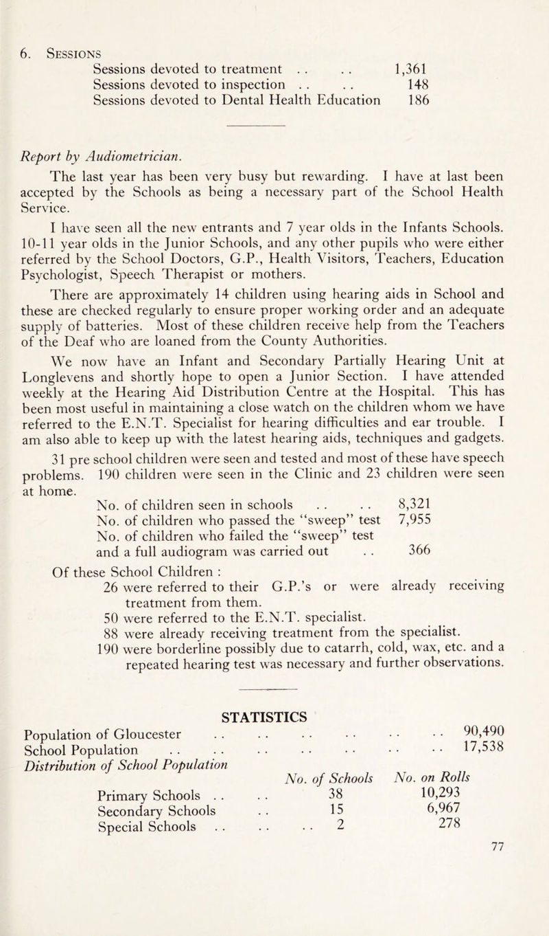 6. Sessions Sessions devoted to treatment . . . . 1,361 Sessions devoted to inspection . . . . 148 Sessions devoted to Dental Health Education 186 Report by Audiometrician. The last year has been very busy but rewarding. I have at last been accepted by the Schools as being a necessary part of the School Health Service. I have seen all the new entrants and 7 year olds in the Infants Schools. 10-11 year olds in the Junior Schools, and any other pupils who were either referred by the School Doctors, G.P., Health Visitors, Teachers, Education Psychologist, Speech Therapist or mothers. There are approximately 14 children using hearing aids in School and these are checked regularly to ensure proper working order and an adequate supply of batteries. Most of these children receive help from the Teachers of the Deaf who are loaned from the County Authorities. We now have an Infant and Secondary Partially Hearing Unit at Longlevens and shortly hope to open a Junior Section. I have attended weekly at the Hearing Aid Distribution Centre at the Hospital. This has been most useful in maintaining a close watch on the children whom we have referred to the E.N.T. Specialist for hearing difficulties and ear trouble. I am also able to keep up with the latest hearing aids, techniques and gadgets. 31 pre school children were seen and tested and most of these have speech problems. 190 children were seen in the Clinic and 23 children were seen at home. No. of children seen in schools . . . . 8,321 No. of children who passed the “sweep” test 7,955 No. of children who failed the “sweep” test and a full audiogram was carried out . . 366 Of these School Children : 26 were referred to their G.P.’s or were already receiving treatment from them. 50 were referred to the E.N.T. specialist. 88 were already receiving treatment from the specialist. 190 were borderline possibly due to catarrh, cold, wax, etc. and a repeated hearing test was necessary and further observations. STATISTICS Population of Gloucester School Population Distribution of School Population Primary Schools . . Secondary Schools Special Schools 90,490 17,538 No. of Schools No. on Rolls 38 10,293 15 6,967 .. 2 278