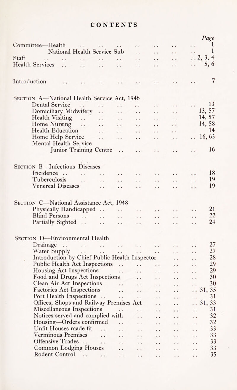 CONTENTS Page Committee—Health . . . . . . . . . . . . • . 1 National Health Service Sub . . . . . . . . 1 1•• •• •• •• •• •• •• •• j Health Services . . . . . . . . . . . . . . . . 5, 6 Introduction . . . . . . . . . . . . . . . . 7 Section A—National Health Service Act, 1946 Dental Service . . . . . . . . .. . . . . 13 Domiciliary Midwifery . . . . . . . . . . 13, 57 Health Visiting . . . . . . . . . . . . 14, 57 Home Nursing . . . . . . .. . . .. 14, 58 Health Education . . . . . . . . . . 14 Home Help Service . . . . . . . . . . . . 16, 63 Mental Health Service Junior Training Centre . . . . . . . . . . 16 Section B—Infectious Diseases Incidence .. .. .. .. .. .. .. .. 18 Tuberculosis .. .. . . .. .. . . .. 19 Venereal Diseases . . . . .. . . . . . . 19 Section C—National Assistance Act, 1948 Physically Handicapped . . .. .. .. .. .. 21 Blind Persons .. .. .. . . .. .. .. 22 Partially Sighted . . . . . . . . . . . . . . 24 Section D-—Environmental Health Drainage . . . . . . . . . . . . . . . . 27 Water Supply . . . . . . . . . . . . . . 27 Introduction by Chief Public Health Inspector . . . . 28 Public Health Act Inspections . . .. . . . . . . 29 Housing Act Inspections . . . . . . . . . . 29 Food and Drugs Act Inspections . . . . . . . . 30 Clean Air Act Inspections . . . . . . . . . . 30 Factories Act Inspections .. .. .. .. ..31, 35 Port Health Inspections . . .. . . . . . . . . 31 Offices, Shops and Railway Premises Act . . . . . . 31, 33 Miscellaneous Inspections .. .. .. .. .. 31 Notices served and complied with . . . . . . . . 32 Housing—Orders confirmed . . . . . . . . . . 32 Unfit Houses made fit . . . . . . .. .. . . 33 Verminous Premises . . . . . . .. . . . . 33 Offensive Trades .. . . .. .. . . .. .. 33 Common Lodging Houses . . . . . . . . . . 33 Rodent Control .. .. .. .. . . .. .. 35