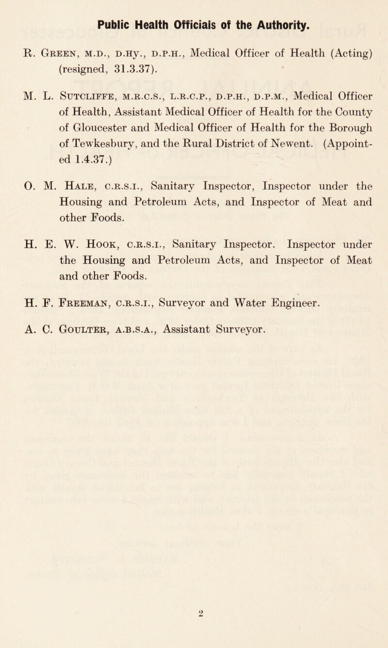 Public Health Officials of the Authority. R. Green, m.d., D.Hy., d.p.h., Medical Officer of Health (Acting) (resigned, 31.3.37). M. L. Sutcliffe, m.r.c.s., l.r.c.p., d.p.h., d.p.m., Medical Officer of Health, Assistant Medical Officer of Health for the County of Gloucester and Medical Officer of Health for the Borough of Tewkesbury, and the Rural District of Newent. (Appoint- ed 1.4.37.) 0. M. Hale, c.r.s.i., Sanitary Inspector, Inspector under the Housing and Petroleum Acts, and Inspector of Meat and other Foods. H. E. W. Hook, c.r.s.i., Sanitary Inspector. Inspector under the Housing and Petroleum Acts, and Inspector of Meat and other Foods. H. F. Freeman, c.r.s.i., Surveyor and Water Engineer. A. C. Goulter, a.b.s.a., Assistant Surveyor.