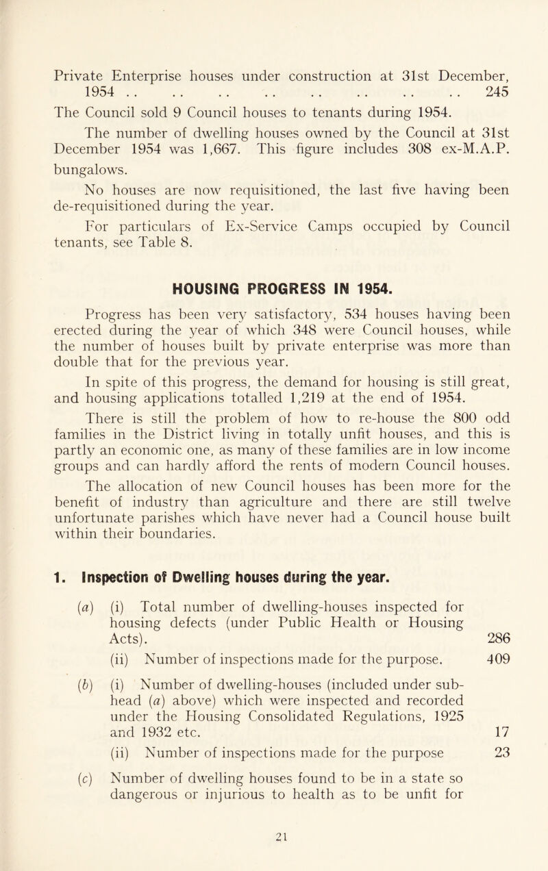 Private Enterprise houses under construction at 31st December, 1954 . . . . .. .. .. .. .. .. 245 The Council sold 9 Council houses to tenants during 1954. The number of dwelling houses owned by the Council at 31st December 1954 was 1,667. This hgure includes 308 ex-M.A.P. bungalows. No houses are now requisitioned, the last five having been de-requisitioned during the year. For particulars of Ex-Service Camps occupied by Council tenants, see Table 8. HOUSING PROGRESS IN 1954. Progress has been very satisfactor}^ 534 houses having been erected during the year of which 348 were Council houses, while the number of houses built by private enterprise was more than double that for the previous year. In spite of this progress, the demand for housing is still great, and housing applications totalled 1,219 at the end of 1954. There is still the problem of how to re-house the 800 odd families in the District living in totally unfit houses, and this is partly an economic one, as many of these families are in low income groups and can hardly afford the rents of modern Council houses. The allocation of new Council houses has been more for the benefit of industry than agriculture and there are still twelve unfortunate parishes which have never had a Council house built within their boundaries. 1. Inspection of Dwelling houses during the year. [a] (i) Total number of dwelling-houses inspected for housing defects (under Public Health or Housing Acts). 286 (ii) Number of inspections made for the purpose. 409 {h) (i) Number of dwelling-houses (included under sub- head (a) above) which were inspected and recorded under the Housing Consolidated Regulations, 1925 and 1932 etc. 17 (ii) Number of inspections made for the purpose 23 (c) Number of dwelling houses found to be in a state so dangerous or injurious to health as to be unfit for