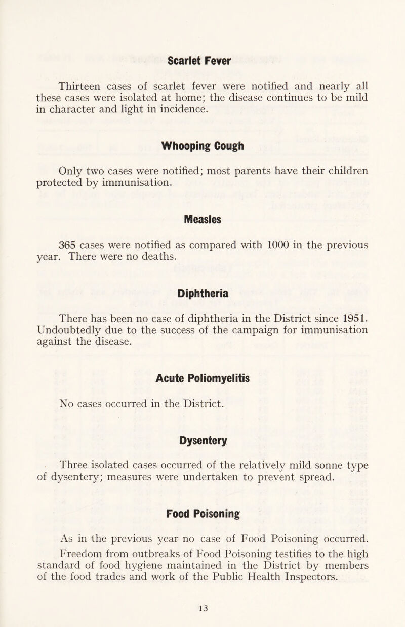 Scarlet Fever Thirteen cases of scarlet fever were notified and nearly all these cases were isolated at home; the disease continues to be mild in character and light in incidence. Whooping Cough Only two cases were notified; most parents have their children protected by immunisation. Measles 365 cases were notified as compared with 1000 in the previous year. There were no deaths. Diphtheria There has been no case of diphtheria in the District since 1951. Undoubtedly due to the success of the campaign for immunisation against the disease. Acute Poliomyelitis No cases occurred in the District. Dysentery Three isolated cases occurred of the relatively mild sonne type of dysentery; measures were undertaken to prevent spread. Food Poisoning As in the previous year no case of Food Poisoning occurred. Freedom from outbreaks of Food Poisoning testifies to the high standard of food hygiene maintained in the District by members of the food trades and work of the Public Health Inspectors.