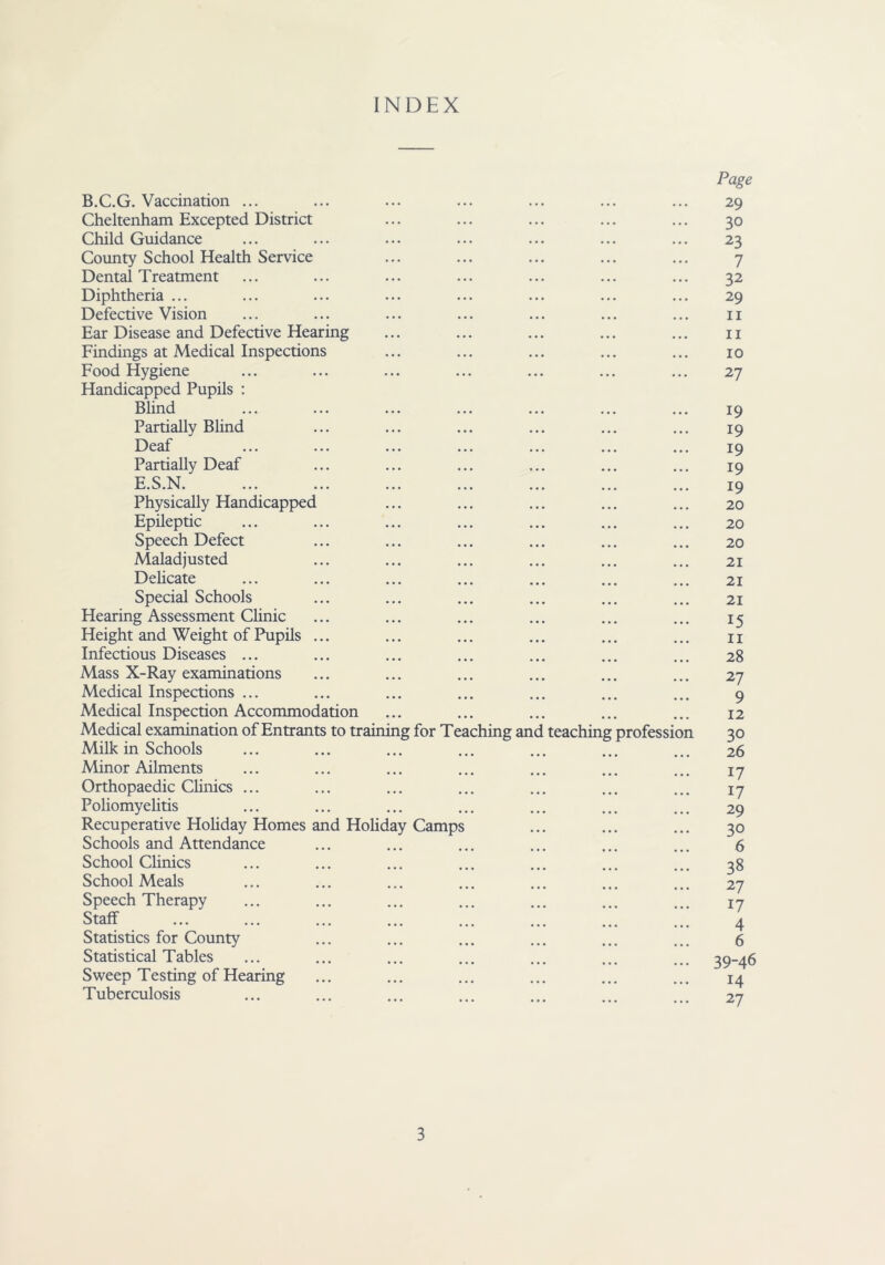 INDEX B.C.G. Vaccination ... Cheltenham Excepted District Child Guidance County School Health Service Dental Treatment Diphtheria ... Defective Vision Ear Disease and Defective Hearing Findings at Medical Inspections Food Hygiene Handicapped Pupils : Blind Partially Blind Deaf Partially Deaf E.S.N. Physically Handicapped Epileptic Speech Defect Maladjusted Delicate Special Schools Hearing Assessment Clinic Height and Weight of Pupils Infectious Diseases ... Mass X-Ray examinations Medical Inspections ... Medical Inspection Accommodation Medical examination of Entrants to training for Teaching an Milk in Schools Minor Ailments Orthopaedic Clinics ... Poliomyelitis Recuperative Holiday Homes and Holiday Camps Schools and Attendance School Clinics School Meals Speech Therapy Staff Statistics for County Statistical Tables Sweep Testing of Hearing Tuberculosis teaching profession Page 29 30 23 7 32 29 11 11 10 27 19 19 19 19 19 20 20 20 21 21 21 15 11 28 27 9 12 30 26 17 17 29 30 6 38 27 17 4 6 39-46 14 27