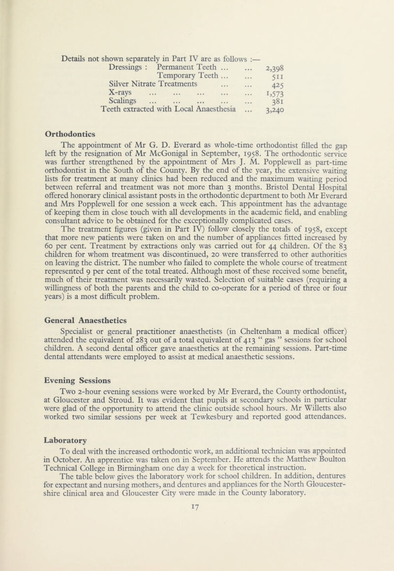 Details not shown separately in Part IV are as follows Dressings : Permanent Teeth Temporary Teeth Silver Nitrate Treatments X-rays Scalings Teeth extracted with Local Anaesthesia 2,398 511 425 L573 381 3,240 Orthodontics The appointment of Mr G. D. Everard as whole-time orthodontist filled the gap left by the resignation of Mr McGonigal in September, 1958. The orthodontic service was further strengthened by the appointment of Mrs J. M. Popplewell as part-time orthodontist in the South of the County. By the end of the year, the extensive waiting lists for treatment at many chnics had been reduced and the maximum waiting period between referral and treatment was not more than 3 months. Bristol Dental Hospital offered honorary chnical assistant posts in the orthodontic department to both Mr Everard and Mrs Popplewell for one session a week each. This appointment has the advantage of keeping them in close touch with all developments in the academic field, and enabhng consultant advice to be obtained for the exceptionally compHcated cases. The treatment figures (given in Part IV) follow closely the totals of 1958, except that more new patients were taken on and the number of appUances fitted increased by 60 per cent. Treatment by extractions only was carried out for 44 children. Of the 83 children for whom treatment was discontinued, 20 were transferred to other authorities on leaving the district. The number who failed to complete the whole course of treatment represented 9 per cent of the total treated. Although most of these received some benefit, much of their treatment was necessarily wasted. Selection of suitable cases (requiring a willingness of both the parents and the child to co-operate for a period of three or four years) is a most difficult problem. General Anaesthetics Specialist or general practitioner anaesthetists (in Cheltenham a medical officer) attended the equivalent of 283 out of a total equivalent of 413 “ gas ” sessions for school children. A second dental officer gave anaesthetics at the remaining sessions. Part-time dental attendants were employed to assist at medical anaesthetic sessions. Evening Sessions Two 2-hour evening sessions were worked by Mr Everard, the County orthodontist, at Gloucester and Stroud. It was evident that pupils at secondary schools in particular were glad of the opportunity to attend the clinic outside school hours. Mr Willetts also worked two similar sessions per week at Tewkesbury and reported good attendances. Laboratory To deal with the increased orthodontic work, an additional technician was appointed in October. An apprentice was taken on in September. He attends the Matthew Boulton Technical College in Birmingham one day a week for theoretical instruction. The table below gives the laboratory work for school children. In addition, dentures for expectant and nursing mothers, and dentures and appliances for the North Gloucester- shire clinical area and Gloucester City were made in the County laboratory.