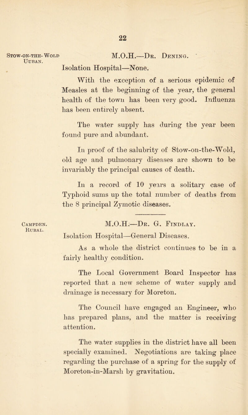 Stow-on-the-Wold M.O.H.—Dr. Denino. ' UUBAN. Isolation Hospital—None. With the exception of a serious epidemic of Measles at the beginning of the year, the general health of the town has been very good. Influenza has been entirely absent. The water supply has during the year been found pure and abundant. In proof of the salubrity of Stow-on-the-Wold, old age and pulmonary diseases are shown to be invariably the principal causes of death. In a record of 10 years a solitary case of Typhoid sums up the total number of deaths from the 8 principal Zymotic diseases. Campden. M.O.H.—Dr. G. Findlay. Rural. Isolation Hospital—General Diseases. As a whole the district continues to be in a fairly healthy condition. The Local Government Board Inspector has reported that a new scheme of water supply and drainage is necessary for Moreton. The Council have engaged an Engineer, who has prepared plans, and the matter is receiving attention. The water supplies in the district have all been specially examined. Negotiations are taking place regarding the purchase of a spring for the supply of Moreton-in-Marsh by gravitation.