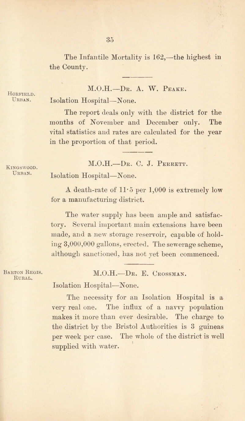 35 Horfleld. Urban. Kingswood. Urban. Barton Begis. Bural. The Infantile Mortality is 162,—the highest in the County. M.O.H.—Dr. A. W. Peake. Isolation Hospital—None. The report deals only with the district for the months of November and December only. The vital statistics and rates are calculated for the year in the proportion of that period. M.O.H.—Dr. C. J. Perrett. Isolation Hospital—None. A death-rate of 11*5 per 1,000 is extremely low for a manufacturing district. The water supply has been ample and satisfac- tory. Several important main extensions have been made, and a new storage reservoir, capable of hold- ing 3,000,000 gallons, erected. The sewerage scheme, although sanctioned, has not yet been commenced. M.O.H.—Dr. E. Crossman. Isolation Hospital—None. The necessity for an Isolation Hospital is a very real one. The influx of a navvy population makes it more than ever desirable. The charge to the district by the Bristol Authorities is 3 guineas per week per case. The whole of the district is well f supplied with water.