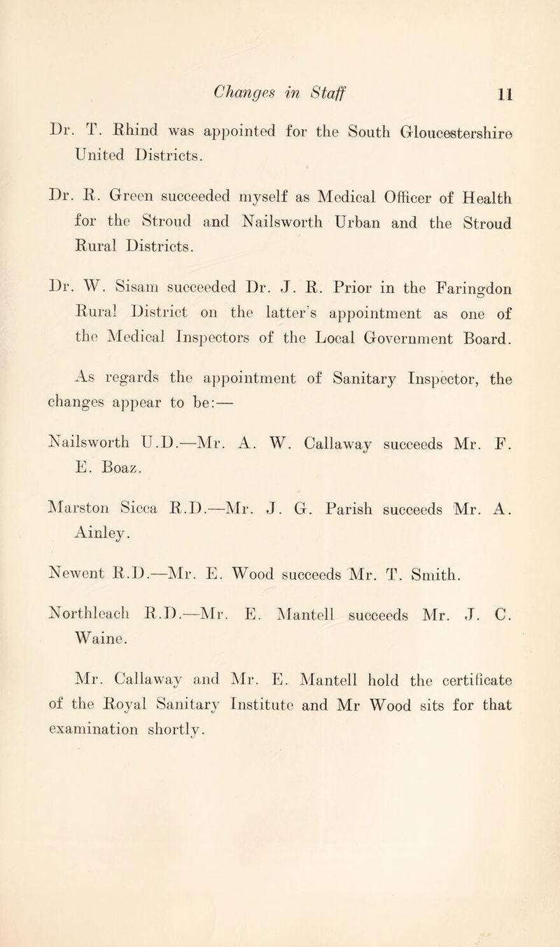 Dr. T. Rhind was appointed for the South Gloucestershire United Districts. Dr. R. Green succeeded myself as Medical Officer of Health for the Stroud and Nailsworth Urban and the Stroud Rural Districts. Dr. W. Sisam succeeded Dr. J. R. Prior in the Farinmion o Rural District on the latter's appointment as one of the Medical Inspectors of the Local Government Board. As regards the appointment of Sanitary Inspector, the changes appear to be: — Nailsworth U.D.—Mr. A. W. Callaway succeeds Mr. F. E. Boaz. Marston Sicca R.D.—Mr. J. G. Parish succeeds Mr. A. Ainley. Newent R.D.—Mr. E. Wood succeeds Mr. T. Smith. Northleach R.D.—Mr. E. Mantel! succeeds Mr. J. C. Waine. Mr. Callaway and Mr. E. Alantell hold the certificate of the Royal Sanitary Institute and Mr Wood sits for that examination shortly.