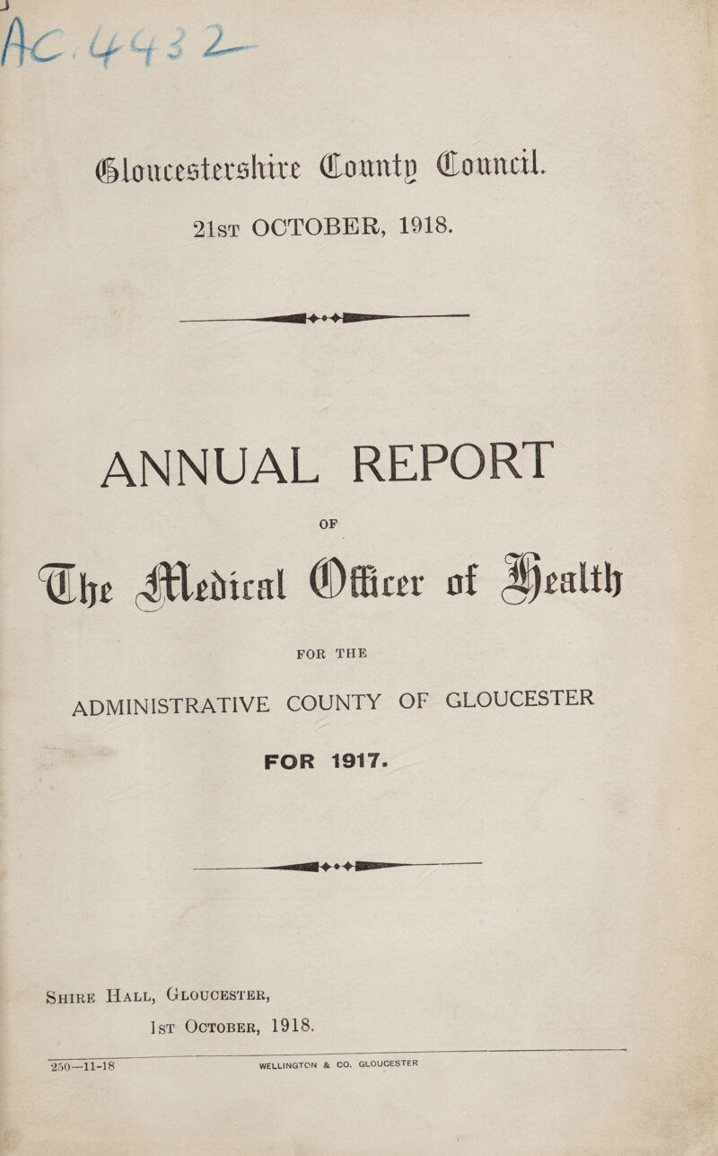 Gloucestershire (Erurntp (EounciL 21st OCTOBER, 1918. ANNUAL REPORT OF FOR THE ADMINISTRATIVE COUNTY OF GLOUCESTER FOR 1917. Shire Hall, Gloucester, 1st October, 1918. 250-11-18 WELLINGTON & CO. GLOUCESTER