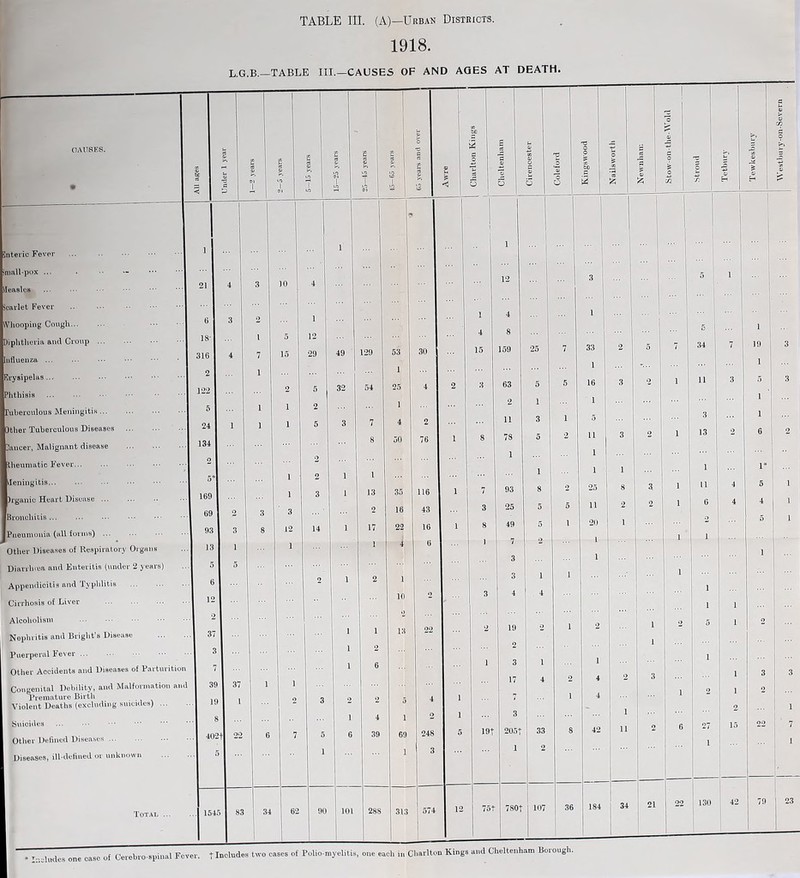 1918. L.G.B.—TABLE III.—CAUSES OF AND AGES AT DEATH. Snteric Fever imall-pox ... Measles scarlet Fever Whooping Cough... Diphtheria and Croup Influenza ... Erysipelas... Phthisis Tuberculous Meningitis Other Tuberculous Diseases dancer, Malignant disease theumatic Fever Meningitis )rganic Heart Disease ... bronchitis Pneumonia (all forms) ... Other Diseases of Respiratory Organs Diarrlnea and Enteritis (under 2 years) Appendicitis and Typhlitis Cirrhosis of Liver Alcoholism Nephritis and Bright’s Disease Puerperal Fever ... Other Accidents and Diseases of Parturition Congenital Debility, ami Malformation and Premature Birth Violent Deaths (excluding suicides) Suioides ... ••• Other Defined Diseases Diseases, ill-defined or unknown Total ... 6 18- 316 I 2 122 5 24 134 169 69 I 93 I 13 5P o £ T3 jS g p 0) T3 O 3 cS 2 73 Awre Uj 5 6 o g 5 O 'o O £0 _C jn a £ 1 £ * . 6 12 37 3 I 39 37 19 I 1 402+1 ! 1 ’ ... | 1 ... 1 1 ... 10 4 12 P. 3 1 ... ... 1 5 i 1 ... 1 •« 1 4 ... | ... ... :> 12 4 8 1 ... , ... I ... ... 5 1 ... 1 15 29 49 129 53 30 15 159 25 7 33 i 2 ! 5 j 7 | 34 V | 19 3 1 1 ... -... •IS i 2 5 32 54 25 4 2 3 63 5 5 16 3 o 1 11 i 3 5 3 1 2 1 2 1 1 ... ... 1 5 3 7 4 2 11 3 1 5 ... 3 ... 1 8 50 76 1 8 78 5 2 11 3 2 1 13 ! o 6 2 2 1 1 ... 1 1 1 i ... r 1 2 1 ... | 1 3 i 13 35 116 1 7 93 8 2 25 8 a 1 u 4 5 1 3 2 16 43 3 25 5 5 n 2 2 1 6 I 4 4 1 12 14 1 17 22 16 1 8 49 5 l 20 1 5 1 6 1 1 1 1 4 3 1 ... 1 o 1 2 1 ... 3 1 1 1 •• 10 o 3 4 4 ... II H 2 ... 1 1 1 1 13 22 2 19 o 1 2 ... 1 o 5 1 2 i 2 2 1 i 6 1 3 1 1 1 | i 17 4 2 4 1 2 3 1 3 3 . o 2 o 3 o 2 5 4 1 7 1 4 o 1 3 | 1 2 1 7 5 6 39 69 248 5 19| 205+ 33 8 42 11 2 6 27 15 22 7 1 1 3 1 2 ... 1 62 90 ! ioi 288 313 ' 574 12 75t | 780+ 107 ; 36 184 34 21 22 130 42 79 23 eludes one caso of Cerebro spinal Fever. | Includes two cases of Polio myelitis, one each in Charlton Kings and Cheltenham Borough. Tewkesbu ry