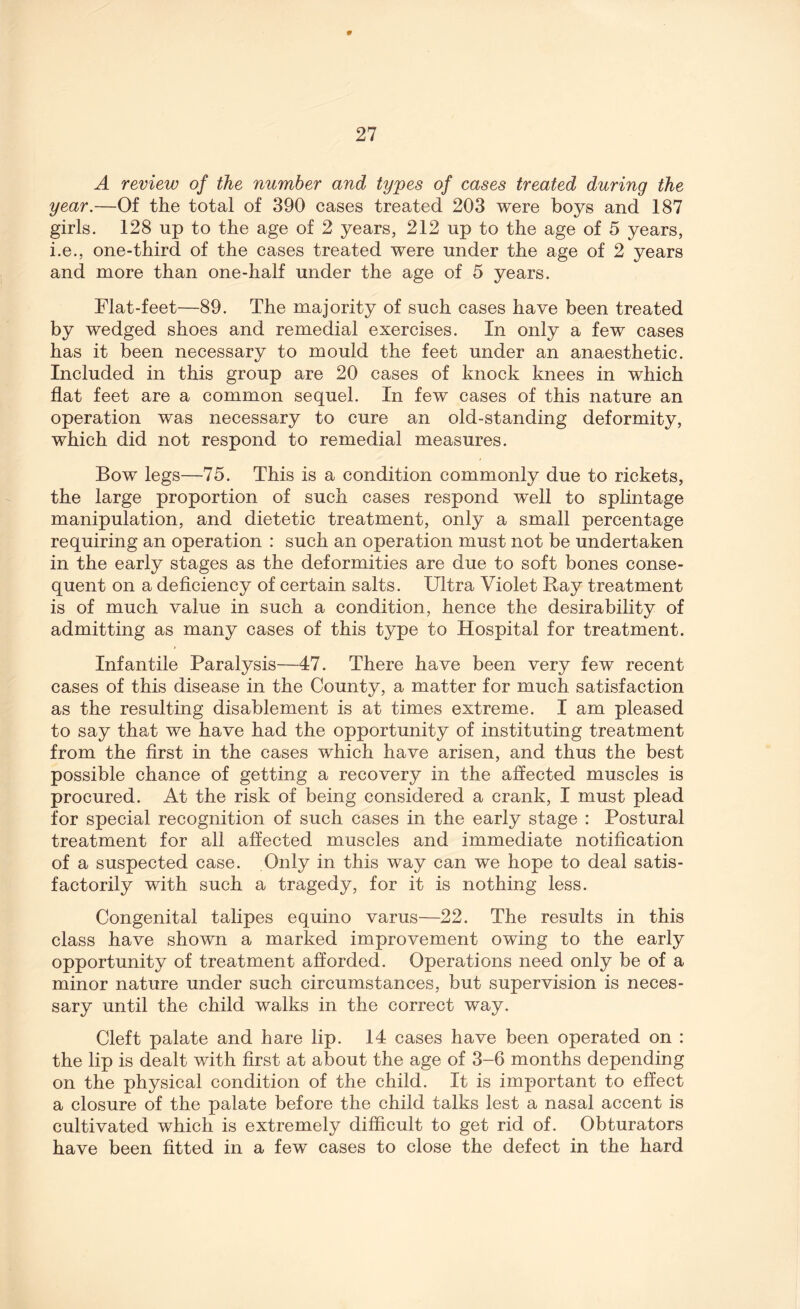 A review of the number and types of cases treated during the year.—Of the total of 390 cases treated 203 were boys and 187 girls. 128 up to the age of 2 years, 212 up to the age of 5 years, i.e., one-third of the cases treated were under the age of 2 years and more than one-half under the age of 5 years. Flat-feet—89. The majority of such cases have been treated by wedged shoes and remedial exercises. In only a few cases has it been necessary to mould the feet under an anaesthetic. Included in this group are 20 cases of knock knees in which flat feet are a common sequel. In few cases of this nature an operation was necessary to cure an old-standing deformity, which did not respond to remedial measures. Bow legs—75. This is a condition commonly due to rickets, the large proportion of such cases respond well to splintage manipulation, and dietetic treatment, only a small percentage requiring an operation : such an operation must not be undertaken in the early stages as the deformities are due to soft bones conse- quent on a deficiency of certain salts. Ultra Violet Ray treatment is of much value in such a condition, hence the desirability of admitting as many cases of this type to Hospital for treatment. Infantile Paralysis—47. There have been very few recent cases of this disease in the County, a matter for much, satisfaction as the resulting disablement is at times extreme. I am pleased to say that we have had the opportunity of instituting treatment from the first in the cases which have arisen, and thus the best possible chance of getting a recovery in the affected muscles is procured. At the risk of being considered a crank, I must plead for special recognition of such cases in the early stage : Postural treatment for all affected muscles and immediate notification of a suspected case. Only in this way can we hope to deal satis- factorily with such a tragedy, for it is nothing less. Congenital talipes equino varus—22. The results in this class have shown a marked improvement owing to the early opportunity of treatment afforded. Operations need only be of a minor nature under such circumstances, but supervision is neces- sary until the child walks in the correct way. Cleft palate and hare lip. 14 cases have been operated on : the lip is dealt with first at about the age of 3-6 months depending on the physical condition of the child. It is important to effect a closure of the palate before the child talks lest a nasal accent is cultivated which is extremely difficult to get rid of. Obturators have been fitted in a few cases to close the defect in the hard