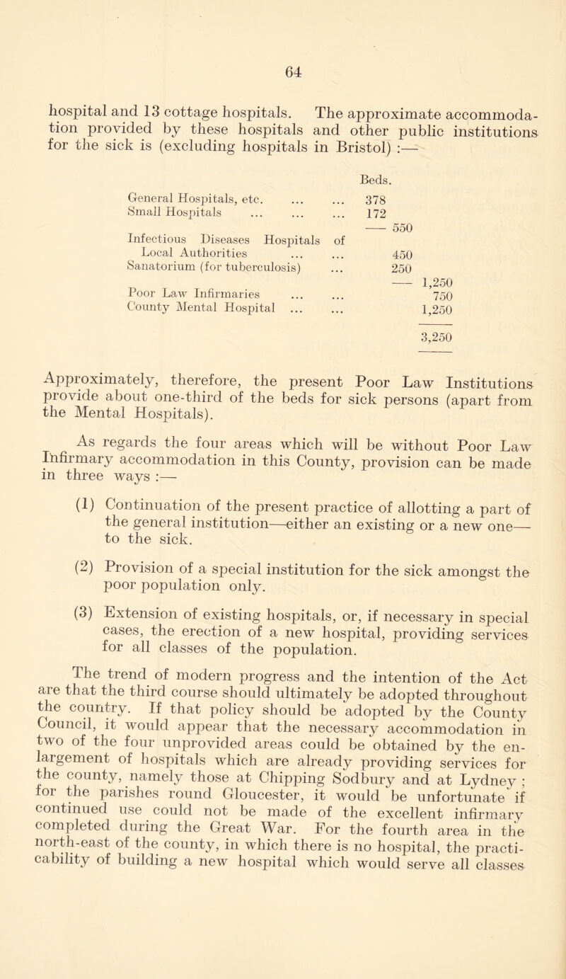 hospital and 13 cottage hospitals. The approximate accommoda- tion provided by these hospitals and other public institutions for the sick is (excluding hospitals in Bristol) :— Beds. General Hospitals, etc. ... ... 378 Small Hospitals ... ... ... 172 550 Infectious Diseases Hospitals of Local Authorities ... ... 450 Sanatorium (for tuberculosis) ... 250 1,250 Poor Law Infirmaries ... ... 750 County Mental Hospital 1,250 3,250 Approximately, therefore, the present Poor Law Institutions provide about one-third of the beds for sick persons (apart from the Mental Hospitals). As regards the four areas which will be without Poor Law Infirmary accommodation in this County, provision can be made in three ways :— (1) Continuation of the present practice of allotting a part of the general institution—either an existing or a new one— to the sick. (2) Provision of a special institution for the sick amongst the poor population only. (3) Extension of existing hospitals, or, if necessary in special cases, the erection of a new hospital, providing services for all classes of the population. The trend of modern progress and the intention of the Act are that the third course should ultimately be adopted throughout the country. If that policy should be adopted by the County Council, it would appear that the necessary accommodation in two of the four unprovided areas could be obtained by the en- largement of hospitals which are already providing services for the county, namely those at Chipping Sodbury and at Lydney ; for the parishes round Gloucester, it would be unfortunate if continued use could not be made of the excellent infirmary completed during the Great War. For the fourth area in the north-east of the county, in which there is no hospital, the practi- cability of building a new hospital which would serve all classes