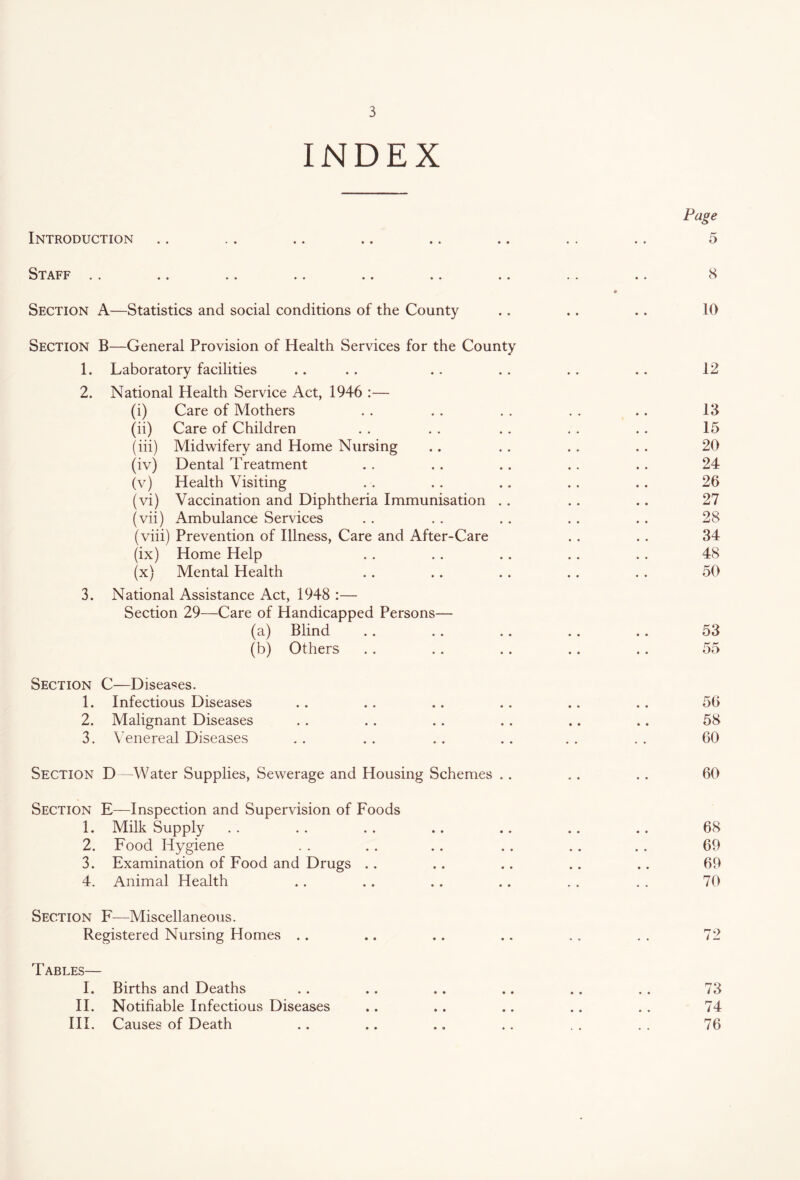 INDEX Page Introduction .. .. .. .. .. .. .. .. 5 Staff .. .. .. .. .. .. .. .. .. K Section A—Statistics and social conditions of the County .. .. .. 10 Section B—General Provision of Health Services for the County 1. Laboratory facilities .. . . .. . . .. . . 12 2. National Health Service Act, 1946 :— (i) Care of Mothers . . . . . . . . .. 13 (ii) Care of Children . . . . . . . . . . 15 (iii) Midwifery and Home Nursing .. . . . . . . 20 (iv) Dental Treatment . . . . .. .. .. 24 (v) Health Visiting . . . . .. . . .. 26 (vi) Vaccination and Diphtheria Immunisation . . .. .. 27 (vii) Ambulance Services . . . . . . .. .. 28 (viii) Prevention of Illness, Care and After-Care . . . . 34 (ix) Home Help . . . . . . . . . . 48 (x) Mental Health . . .. .. . . . . 50 3. National Assistance Act, 1948 :— Section 29—Care of Handicapped Persons— (a) Blind . . .. . . . . .. 53 (b) Others . . .. .. .. .. 55 Section C—Diseases. 1. Infectious Diseases .. .. .. .. .. . . 56 2. Malignant Diseases .. .. . . . . .. .. 58 3. Venereal Diseases .. . . .. .. . . . . 60 Section D—Water Supplies, Sewerage and Housing Schemes .. .. .. 60 Section E—Inspection and Supervision of Foods 1. Milk Supply .. .. .. .. .. .. .. 68 2. Food Hygiene . . .. .. .. .. .. 69 3. Examination of Food and Drugs . . . . .. .. .. 69 4. Animal Health .. .. .. .. . . . . 70 Section F—Miscellaneous. Registered Nursing Homes . . Tables— I. Births and Deaths II. Notifiable Infectious Diseases III. Causes of Death 72 73 74 76 • •