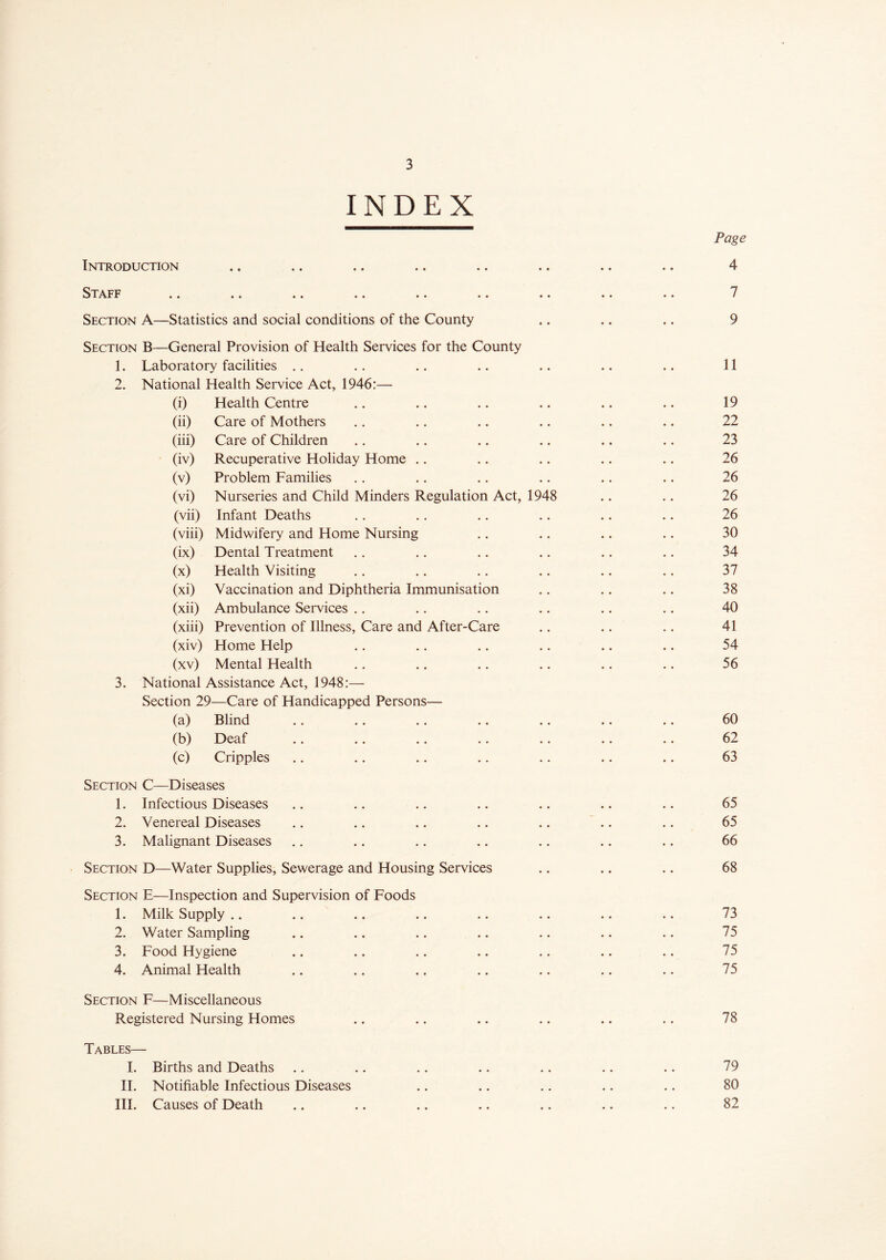 INDEX Page Introduction .. .. .. .. .. .. .. .. 4 Staff .. .. .. .. .. .. .. .. .. 7 Section A—Statistics and social conditions of the County .. .. .. 9 Section B—General Provision of Health Services for the County 1. Laboratory facilities .. .. .. .. .. .. .. 11 2. National Health Service Act, 1946:— (i) Health Centre .. .. .. .. .. .. 19 (ii) Care of Mothers .. .. .. .. .. .. 22 (iii) Care of Children .. .. .. .. .. .. 23 (iv) Recuperative Holiday Home .. .. .. .. .. 26 (v) Problem Families .. .. .. .. .. .. 26 (vi) Nurseries and Child Minders Regulation Act, 1948 .. .. 26 (vii) Infant Deaths .. .. .. .. .. .. 26 (viii) Midwifery and Home Nursing .. .. .. .. 30 (ix) Dental Treatment .. .. .. .. .. .. 34 (x) Health Visiting .. .. .. .. .. .. 37 (xi) Vaccination and Diphtheria Immunisation .. .. .. 38 (xii) Ambulance Services .. .. .. .. .. .. 40 (xiii) Prevention of Illness, Care and After-Care .. .. .. 41 (xiv) Home Help .. .. .. .. .. .. 54 (xv) Mental Health .. .. .. .. .. .. 56 3. National Assistance Act, 1948:— Section 29—Care of Handicapped Persons— (a) Blind .. .. .. .. .. .. .. 60 (b) Deaf .. .. .. .. .. .. .. 62 (c) Cripples .. .. .. .. .. .. .. 63 Section C—Diseases 1. Infectious Diseases .. .. .. .. .. .. .. 65 2. Venereal Diseases .. .. .. .. .. .. .. 65 3. Malignant Diseases .. .. .. .. .. .. .. 66 Section D—Water Supplies, Sewerage and Housing Services .. .. .. 68 Section E—Inspection and Supervision of Foods 1. Milk Supply .. .. .. .. .. .. .. .. 73 2. Water Sampling .. .. .. .. .. .. .. 75 3. Food Hygiene .. .. .. .. .. .. .. 75 4. Animal Health .. .. .. .. .. .. .. 75 Section F—Miscellaneous Registered Nursing Homes .. .. .. .. .. .. 78 Tables— I. Births and Deaths .. .. .. .. .. .. .. 79 II. Notifiable Infectious Diseases .. .. .. .. .. 80 III. Causes of Death .. .. .. .. .. .. .. 82