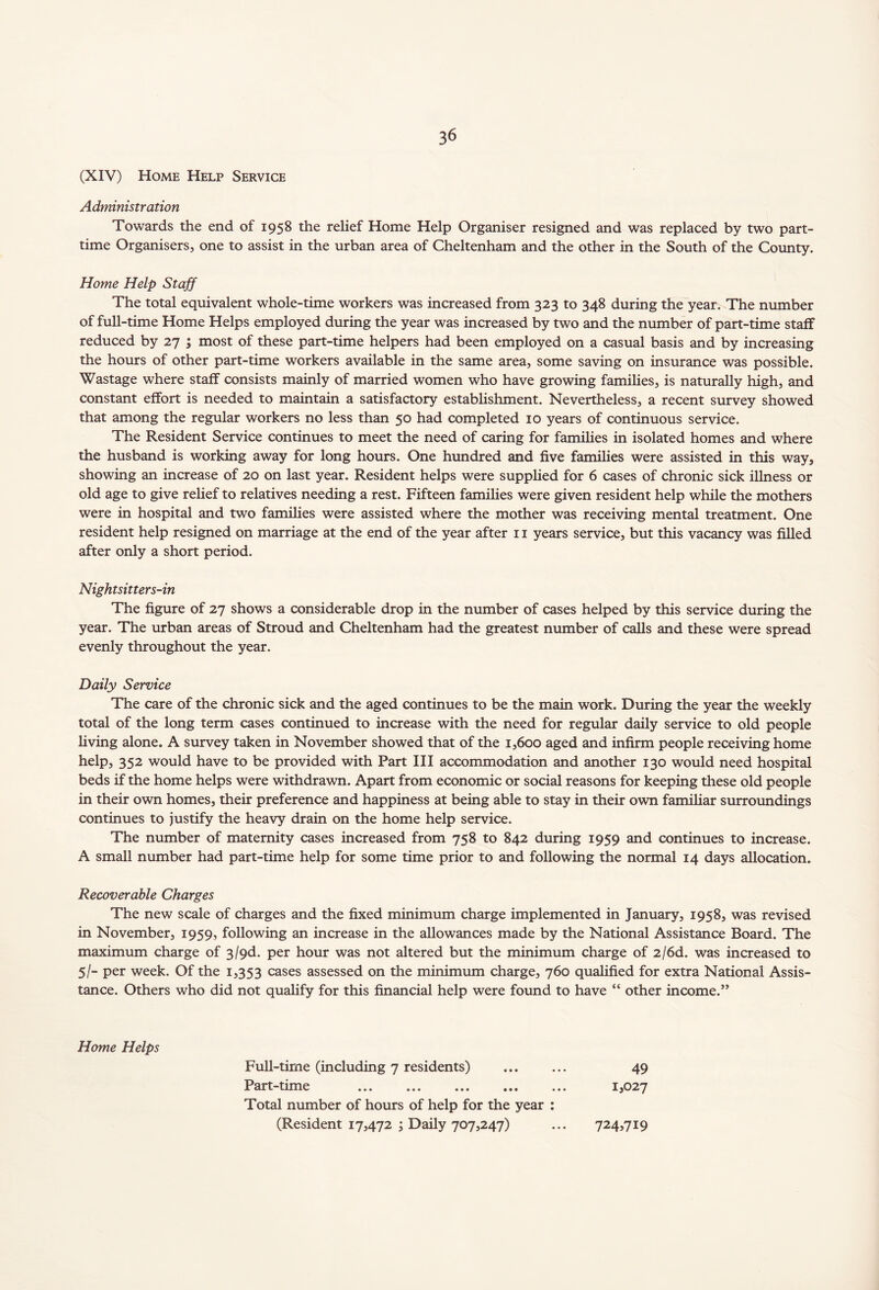 (XIV) Home Help Service Administration Towards the end of 1958 the relief Home Help Organiser resigned and was replaced by two part- time Organisers, one to assist in the urban area of Cheltenham and the other in the South of the County. Home Help Staff The total equivalent whole-time workers was increased from 323 to 348 during the year. The number of full-time Home Helps employed during the year was increased by two and the number of part-time staff reduced by 27 ; most of these part-time helpers had been employed on a casual basis and by increasing the hours of other part-time workers available in the same area, some saving on insurance was possible. Wastage where staff consists mainly of married women who have growing families, is naturally high, and constant effort is needed to maintain a satisfactory establishment. Nevertheless, a recent survey showed that among the regular workers no less than 50 had completed 10 years of continuous service. The Resident Service continues to meet the need of caring for families in isolated homes and where the husband is working away for long hours. One hundred and five families were assisted in this way, showing an increase of 20 on last year. Resident helps were supplied for 6 cases of chronic sick illness or old age to give relief to relatives needing a rest. Fifteen families were given resident help while the mothers were in hospital and two families were assisted where the mother was receiving mental treatment. One resident help resigned on marriage at the end of the year after 11 years service, but this vacancy was filled after only a short period. Nightsitters-in The figure of 27 shows a considerable drop in the number of cases helped by this service during the year. The urban areas of Stroud and Cheltenham had the greatest number of calls and these were spread evenly throughout the year. Daily Service The care of the chronic sick and the aged continues to be the main work. During the year the weekly total of the long term cases continued to increase with the need for regular daily service to old people living alone. A survey taken in November showed that of the 1,600 aged and infirm people receiving home help, 352 would have to be provided with Part III accommodation and another 130 would need hospital beds if the home helps were withdrawn. Apart from economic or social reasons for keeping these old people in their own homes, their preference and happiness at being able to stay in their own familiar surroundings continues to justify the heavy drain on the home help service. The number of maternity cases increased from 758 to 842 during 1959 and continues to increase. A small number had part-time help for some time prior to and following the normal 14 days allocation. Recoverable Charges The new scale of charges and the fixed minimum charge implemented in January, 1958, was revised in November, 1959, following an increase in the allowances made by the National Assistance Board. The maximum charge of 3/9d. per hour was not altered but the minimum charge of 2/6d. was increased to 5/- per week. Of the 1,353 cases assessed on the minimum charge, 760 qualified for extra National Assis- tance. Others who did not qualify for this financial help were found to have “ other income.” Home Helps Full-time (including 7 residents) 49 Part-time 1,027 Total number of hours of help for the year : (Resident 17,472 ; Daily 707,247) 724,719