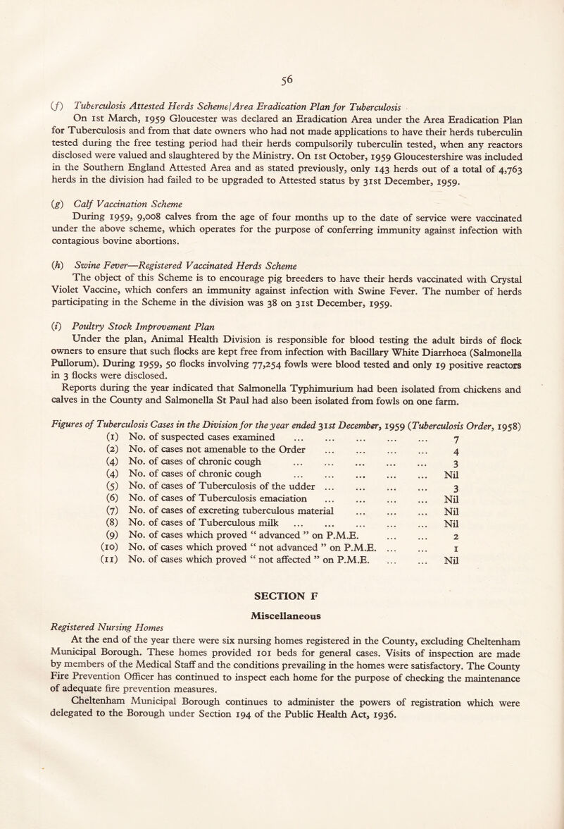 (/) Tuberculosis Attested Herds Scheme!Area Eradication Plan for Tuberculosis On ist March, 1959 Gloucester was declared an Eradication Area under the Area Eradication Plan for Tuberculosis and from that date owners who had not made applications to have their herds tuberculin tested during the free testing period had their herds compulsorily tuberculin tested, when any reactors disclosed were valued and slaughtered by the Ministry. On ist October, 1959 Gloucestershire was included in the Southern England Attested Area and as stated previously, only 143 herds out of a total of 4,763 herds in the division had failed to be upgraded to Attested status by 31st December, 1959. (g) Calf Vaccination Scheme During I959j 9j°°8 calves from the age of four months up to the date of service were vaccinated under the above scheme, which operates for the purpose of conferring immunity against infection with contagious bovine abortions. (Jh) Swine Fever—Registered Vaccinated Herds Scheme The object of this Scheme is to encourage pig breeders to have their herds vaccinated with Crystal Violet Vaccine, which confers an immunity against infection with Swine Fever. The number of herds participating in the Scheme in the division was 38 on 31st December, 1959. (1) Poultry Stock Improvement Plan Under the plan, Animal Health Division is responsible for blood testing the adult birds of flock owners to ensure that such flocks are kept free from infection with Bacillary White Diarrhoea (Salmonella Pullorum). During 1959, 50 flocks involving 77,254 fowls were blood tested and only 19 positive reactors in 3 flocks were disclosed. Reports during the year indicated that Salmonella Typhimurium had been isolated from chickens and calves in the County and Salmonella St Paul had also been isolated from fowls on one farm. Figures of Tuberculosis Cases in the Division for the year ended 31 st December, 1959 (Tuberculosis Order, 1958) (1) No. of suspected cases examined 7 (2) No. of cases not amenable to the Order ... ... ... ... 4 (4) No. of cases of chronic cough 3 (4) No. of cases of chronic cough ... Nil (5) No. of cases of Tuberculosis of the udder ... 3 (6) No. of cases of Tuberculosis emaciation ... ... ... ... Nil (7) No. of cases of excreting tuberculous material Nil (8) No. of cases of Tuberculous milk ... ... Nil (9) No. of cases which proved “ advanced ” on P.M.E. ... ... 2 (10) No. of cases which proved “ not advanced ” on P.M.E. ... ... 1 (11) No. of cases which proved “ not affected ” on P.M.E. ... ... Nil SECTION F Miscellaneous Registered Nursing Homes At the end of the year there were six nursing homes registered in the County, excluding Cheltenham Municipal Borough. These homes provided 101 beds for general cases. Visits of inspection are made by members of the Medical Staff and the conditions prevailing in the homes were satisfactory. The County Fire Prevention Officer has continued to inspect each home for the purpose of checking the maintenance of adequate fire prevention measures. Cheltenham Municipal Borough continues to administer the powers of registration which were delegated to the Borough under Section 194 of the Public Health Act, 1936.