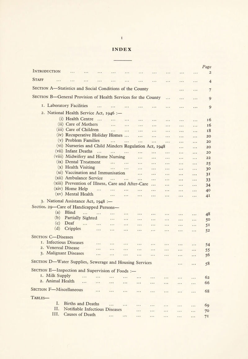 INDEX Introduction Staff Section A—Statistics and Social Conditions of the County Section B—General Provision of Health Services for the County 1. Laboratory Facilities 2. National Health Service Act, 1946 :— (i) Health Centre (ii) Care of Mothers (iii) Care of Children (iv) Recuperative Holiday Homes (v) Problem Families (vi) Nurseries and Child Minders Regulation Act, 1948 (vii) Infant Deaths (viii) Midwifery and Home Nursing (ix) Dental Treatment (x) Health Visiting (xi) Vaccination and Immunisation (xii) Ambulance Service (xiii) Prevention of Illness, Care and After-Care ... (xiv) Home Help (xv) Mental Health 3. National Assistance Act, 1948 :— Section 29—Care of Handicapped Persons— (a) Blind (b) Partially Sighted (c) °eaf (d) Cripples Section C—Diseases 1. Infectious Diseases 2. Venereal Disease • ••• ••• ••• ••• • 3. Malignant Diseases Section D—Water Supplies, Sewerage and Housing Services Section E—Inspection and Supervision of Foods :— 1. Milk Supply 2. Animal Health Section F—Miscellaneous ••• ••• ••• • Tables— I. Births and Deaths II. Notifiable Infectious Diseases III. Causes of Death