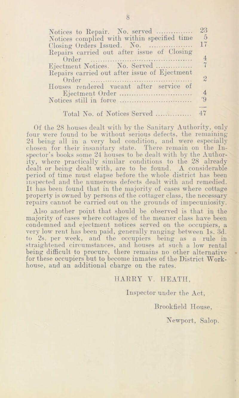 Notices to Repair. No. served 23 Notices complied with within specified time 5 Closing Orders Issued. No — 17 Repairs carried out after issue of Closing Order 4 Ejectment Notices. No. Served — 7 Repairs carried out after issue of Ejectment Order 2 Houses rendered vacant after service of Ejectment Order 4 Notices still in force 9 Total No. of Notices Served 47 Of the 28 houses dealt with by the Sanitary Authority, only four were found to he without serious defects, the remaining 24 being all in a very bad condition, and were especially chosen for their insanitary state. There remain on the In- spector’s books some 24 houses to be dealt with by the Author- ity, where practically similar conditions to the 28 already dealt or being dealt with, are to be found. A considerable period of time must elapse before the whole district has been inspected and the numerous defects dealt with and remedied. It has been found that in the majority of cases wdiere cottage property is owned by persons of the cottager class, the necessary repairs cannot be carried out on the grounds of impecuniositv. Also another point that should be observed is that in the majority of cases where cottages of the meaner class have been condemned and ejectment notices served on the occupiers, a very low rent lias been paid, generally ranging between Is. 3d. to 2s. per week, and the occupiers being as a rule in straightened circumstances, and houses at such a low rental being difficult to procure, there remains no other alternative for these occupiers but to become inmates of the District Work- house, and an additional charge on the rates. HARRY Y. HEATH, Inspector under the Act, Brookfield House, Newport, Salop.