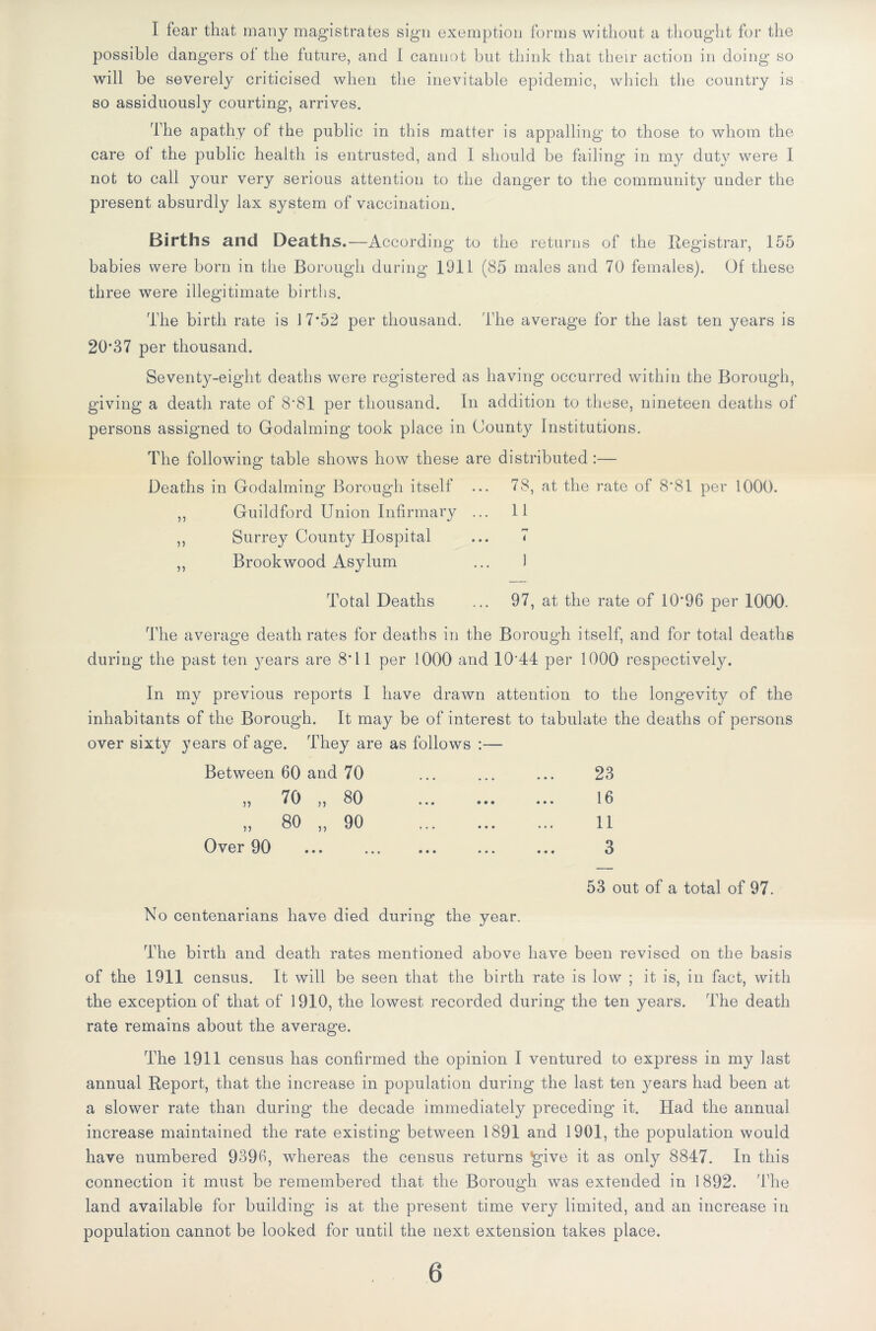 I fear that many magistrates sign exemption forms without a thought for the possible dangers of the future, and I cannot but think that their action in doing so will be severely criticised when the inevitable epidemic, which the country is so assiduously courting, arrives. The apathy of the public in this matter is appalling to those to whom the care of the public health is entrusted, and I should be failing in my duty were I not to call your very serious attention to the danger to the community under the present absurdly lax system of vaccination. Births and Deaths.—According to the returns of the Registrar, 155 babies were born in the Borough during 1911 (85 males and 70 females). Of these three were illegitimate births. The birth rate is 17*52 per thousand. The average for the last ten years is 20*37 per thousand. Seventy-eight deaths were registered as having occurred within the Borough, giving a death rate of 8*81 per thousand. In addition to these, nineteen deaths of persons assigned to Godaiming took place in County Institutions. The following table shows how these are distributed :— Deaths in Godaiming Borough itself ... 78, at the rate of 8*81 per 1000. Guildford Union Infirmary ... 11 Surrey County Hospital ... 7 Brookwood Asylum ... 1 n n Total Deaths 97, at the rate of 10*96 per 1000. The average death rates for deaths in the Borough itself, and for total deaths during the past ten years are 8*11 per 1000 and 1044 per 1000 respectively. In my previous reports I have drawn attention to the longevity of the inhabitants of the Borough. It may be of interest to tabulate the deaths of persons over sixty years of age. They are as follows :— Between 60 and 70 ... ... ... 23 „ 70 ,, 80 ... 16 „ 80 „ 90 11 Over 90 No centenarians have died during the year. 53 out of a total of 97. The birth and death rates mentioned above have been revised on the basis of the 1911 census. It will be seen that the birth rate is low ; it is, in fact, with the exception of that of 1910, the lowest recorded during the ten years. The death rate remains about the average. The 1911 census has confirmed the opinion I ventured to express in my last annual Report, that the increase in population during the last ten years had been at a slower rate than during the decade immediately preceding it. Had the annual increase maintained the rate existing between 1891 and 1901, the population would have numbered 9396, whereas the census returns *give it as only 8847. In this connection it must be remembered that the Borough was extended in 1892. The land available for building is at the present time very limited, and an increase in population cannot be looked for until the next extension takes place.
