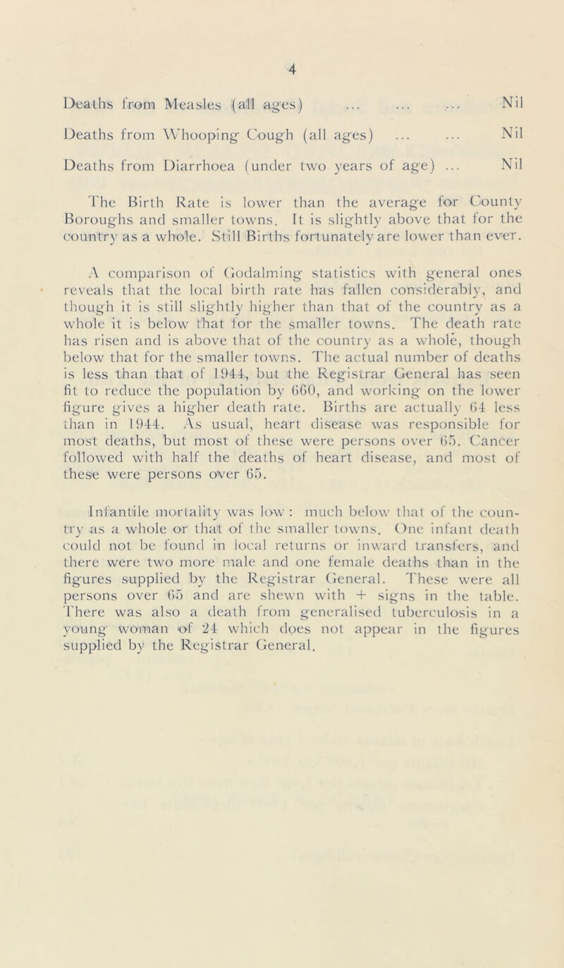 Deaths from Measles (all ages) ... ... ... Nil Deaths from Whooping- Cough (all ages) ... ... Nil Deaths from Diarrhoea (under two years of age) ... Nil The Birth Rate is lower than the average for County Boroughs and smaller towns. It is slightly above that for the country as a whole. .Still Births fortunately are lower than ever. A comparison of Godaiming statistics with general ones reveals that the local birth rate has fallen considerably, and though it is still slightly higher than that of the country as a whole it is below that for the smaller towns. The death rate has risen and is above that of the country as a whole, though below that for the smaller towns. The actual number of deaths is less than that of 1944, but the Registrar General has seen fit to reduce the population by 6G0, and working on the lower figure gives a higher death rate. Births are actually 64 less than in 1944. As usual, heart disease was responsible for most deaths, but most of these were persons over 65. Cancer followed with half the deaths of heart disease, and most of these were persons over 65. Infantile mortality was low : much below that of the coun- try as a whole or that of the smaller towns. One infant death could not be found in local returns or inward transfers, and there were two more male and one female deaths than in the fig'ures supplied by the Registrar General. These were all persons over 65 and are shewn with + signs in the table. There was also a death from generalised tuberculosis in a young woman of 24 which does not appear in the figures supplied by the Registrar General.