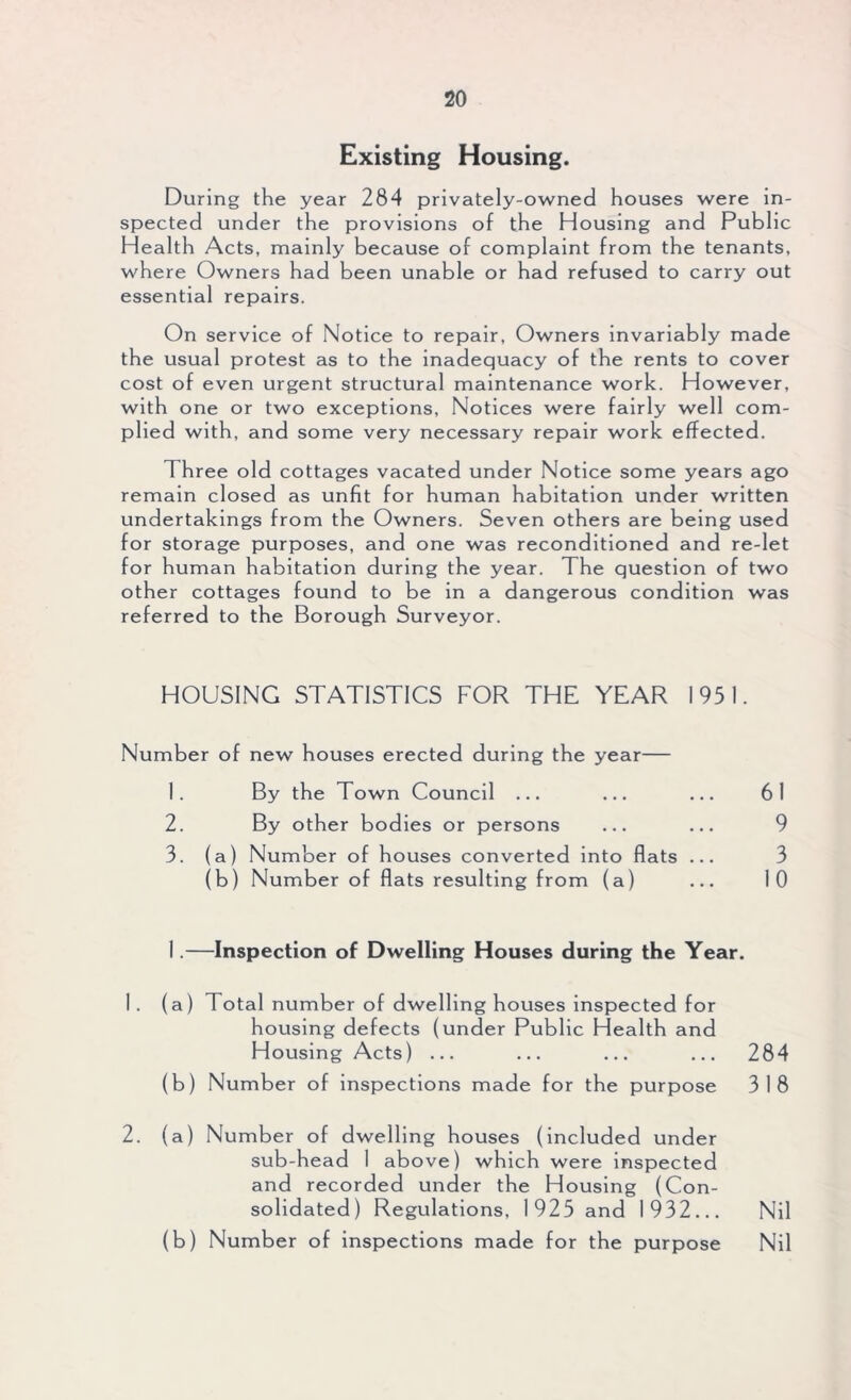 Existing Housing. During the year 284 privately-owned houses were in- spected under the provisions of the Housing and Publ ic Health Acts, mainly because of complaint from the tenants, where Owners had been unable or had refused to carry out essential repairs. On service of Notice to repair, Owners invariably made the usual protest as to the inadequacy of the rents to cover cost of even urgent structural maintenance work. However, with one or two exceptions, Notices were fairly well com- plied with, and some very necessary repair work effected. Three old cottages vacated under Notice some years ago remain closed as unfit for human habitation under written undertakings from the Owners. Seven others are being used for storage purposes, and one was reconditioned and re-let for human habitation during the year. The question of two other cottages found to be in a dangerous condition was referred to the Borough Surveyor. HOUSING STATISTICS FOR THE YEAR 1951. Number of new houses erected during the year— 1. By the Town Council ... ... ... 61 2. By other bodies or persons ... ... 9 3. (a) Number of houses converted into flats ... 3 (b) Number of flats resulting from (a) ... 10 I.—Inspection of Dwelling Houses during the Year. 1. (a) 1 otal number of dwelling houses inspected for housing defects (under Public Health and Housing Acts) ... ... ... ... 284 (b) Number of inspections made for the purpose 318 2. (a) Number of dwelling houses (included under sub-head 1 above) which were inspected and recorded under the Housing (Con- solidated) Regulations, 1925 and 1932... Nil (b) Number of inspections made for the purpose Nil