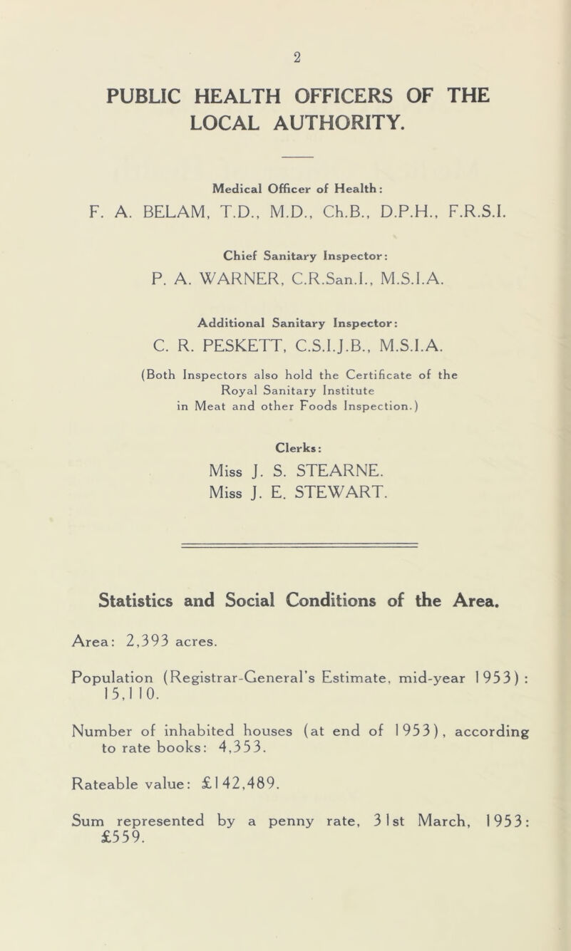 PUBLIC HEALTH OFFICERS OF THE LOCAL AUTHORITY. Medical Officer of Health: F. A. BELAM, T.D., M.D., Ch.B., D.P.H., F.R.S.I. Chief Sanitary Inspector: P. A. WARNER, C.R.San.I., M.S.I.A. Additional Sanitary Inspector: C. R. PESKETT, C.S.I.J.B., M.S.I.A. (Both Inspectors also hold the Certificate of the Royal Sanitary Institute in Meat and other Foods Inspection.) Clerks: Miss J. S. STEARNE. Miss J. E. STEWART. Statistics and Social Conditions of the Area. Area: 2,393 acres. Population (Registrar-General’s Estimate, mid-year 1933): 13,1 10. Number of inhabited houses (at end of 1953), according to rate books: 4,353. Rateable value: £142,489. Sum represented by a penny rate, 31st March, 1953: £559.