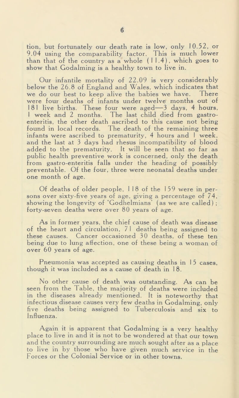 tion, but fortunately our death rate is low, only 10.52, or 9.04 using the comparability factor. This is much lower than that of the country as a whole (1 1.4), which goes to show that Godaiming is a healthy town to live in. Our infantile mortality of 22.09 is very considerably below the 26.8 of England and Wales, which indicates that we do our best to keep alive the babies we have. There were four deaths of infants under twelve months out of 1 8 1 live births. These four were aged—3 days, 4 hours, I week and 2 months. The last child died from gastro- enteritis, the other death ascribed to this cause not being found in local records. The death of the remaining three infants were ascribed to prematurity, 4 hours and I week, and the last at 3 days had rhesus incompatibility o f blood added to the prematurity. It will be seen that so far as public health preventive work is concerned, only the death from gastro-enteritis falls under the heading of possibly preventable. Of the four, three were neonatal deaths under one month of age. Of deaths of older people, I 1 8 of the 159 were in per- sons over sixty-five years of age, giving a percentage of 74, showing the longevity of ‘Godhelmians (as we are called) ; forty-seven deaths were over 80 years of age. As in former years, the chief cause of death was disease of the heart and circulation, 7 I deaths being assigned to these causes. Cancer occasioned 30 deaths, of these ten being due to lung affection, one of these being a woman of over 60 years of age. Pneumonia was accepted as causing deaths in I 5 cases, though it was included as a cause of death in i 8. No other cause of death was outstanding. As can be seen from the Table, the majority of deaths were included in the diseases already mentioned. It is noteworthy that infectious disease causes very few deaths in Godaiming, only five deaths being assigned to Tuberculosis and six to Influenza. Again it is apparent that Godaiming is a very healthy place to live in and it is not to be wondered at that our town and the country surrounding are much sought after as a place to live in by those who have given much service in the Forces or the Colonial Service or in other towns.