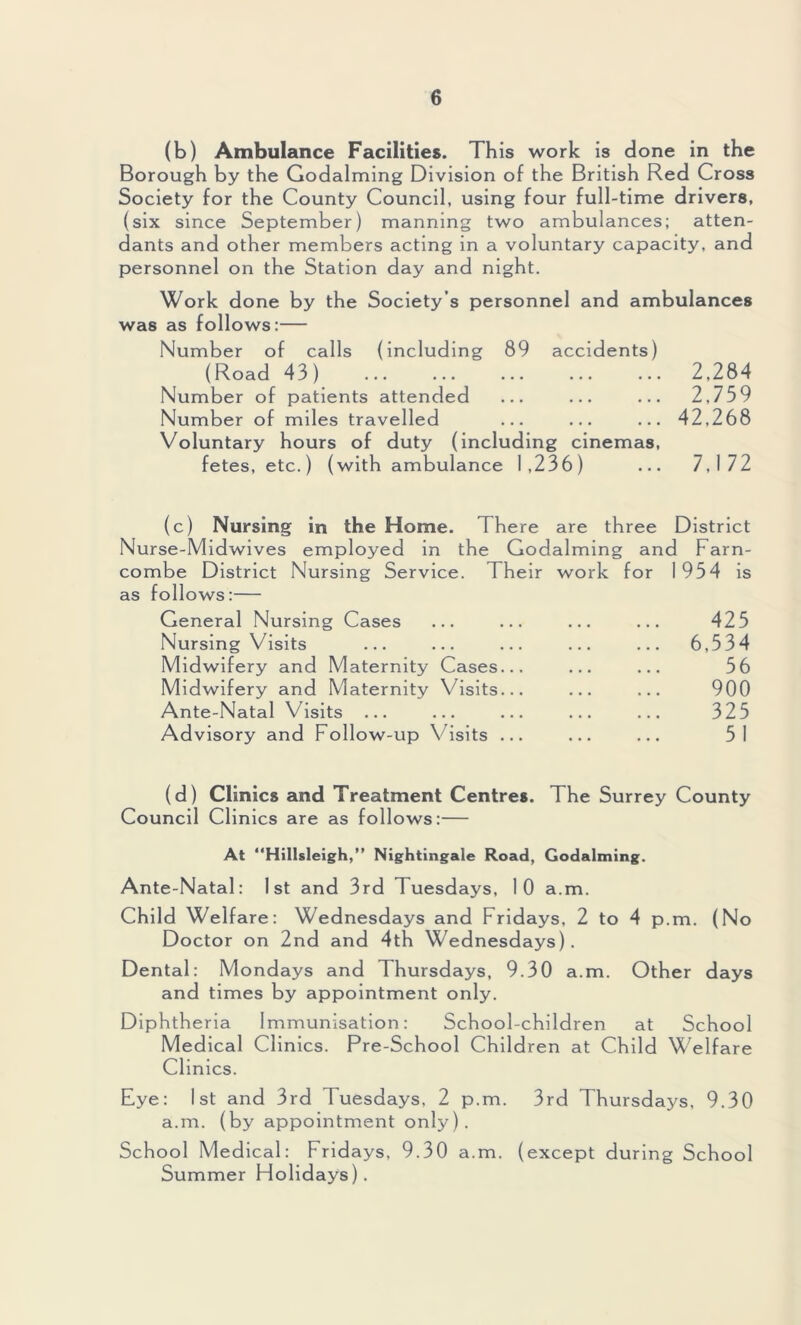 (b) Ambulance Facilities. This work is done in the Borough by the Godaiming Division of the British Red Cross Society for the County Council, using four full-time drivers, (six since September) manning two ambulances; atten- dants and other members acting in a voluntary capacity, and personnel on the Station day and night. Work done by the Society’s personnel and ambulances was as follows:— Number of calls (including 89 accidents) (Road 43) 2,284 Number of patients attended ... ... ... 2,759 Number of miles travelled ... ... ... 42,268 Voluntary hours of duty (including cinemas, fetes, etc.) (with ambulance 1,236) ... 7,172 (c) Nursing in the Home. There are three District Nurse-Midwives employed in the Godaiming and Farn- combe District Nursing Service. Their work for 1954 is as follows:— General Nursing Cases ... ... ... ... 425 Nursing Visits ... ... ... ... ... 6,534 Midwifery and Maternity Cases... ... ... 56 Midwifery and Maternity Visits... ... ... 900 Ante-Natal Visits ... ... ... ... ... 325 Advisory and Follow-up Visits ... ... ... 5 1 (d) Clinics and Treatment Centres. The Surrey County Council Clinics are as follows:— At “Hillsleigh,” Nightingale Road, Godaiming. Ante-Natal: 1st and 3rd Tuesdays, 10 a.m. Child Welfare: Wednesdays and Fridays, 2 to 4 p.m. (No Doctor on 2nd and 4th Wednesdays). Dental: Mondays and Thursdays, 9.30 a.m. Other days and times by appointment only. Diphtheria Immunisation: School-children at School Medical Clinics. Pre-School Children at Child Welfare Clinics. Eye: 1st and 3rd Tuesdays, 2 p.m. 3rd Thursdays, 9.30 a.m. (by appointment only). School Medical: Fridays, 9.30 a.m. (except during School Summer Holidays).