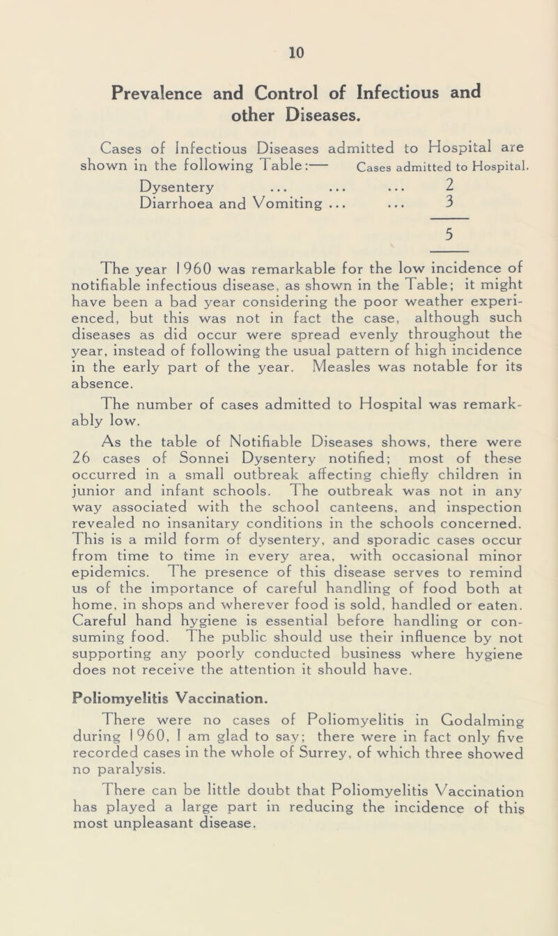 Prevalence and Control of Infectious and other Diseases. Cases of Infectious Diseases admitted to Hospital are shown in the following Table: Cases admitted to Hospital. Dysentery ... ... ... 2 Diarrhoea and Vomiting ... ... 3 5 The year I960 was remarkable for the low incidence of notifiable infectious disease, as shown in the Table; it might have been a bad year considering the poor weather experi- enced, but this was not in fact the case, although such diseases as did occur were spread evenly throughout the year, instead of following the usual pattern of high incidence in the early part of the year. Measles was notable for its absence. The number of cases admitted to Hospital was remark- ably low. As the table of Notifiable Diseases shows, there were 26 cases of Sonnei Dysentery notified; most of these occurred in a small outbreak affecting chiefly children in junior and infant schools. The outbreak was not in any way associated with the school canteens, and inspection revealed no insanitary conditions in the schools concerned. This is a mild form of dysentery, and sporadic cases occur from time to time in every area, with occasional minor epidemics. The presence of this disease serves to remind us of the importance of careful handling of food both at home, in shops and wherever food is sold, handled or eaten. Careful hand hygiene is essential before handling or con- suming food. The public should use their influence by not supporting any poorly conducted business where hygiene does not receive the attention it should have. Poliomyelitis Vaccination. There were no cases of Poliomyelitis in Godaiming during i960, 1 am glad to say; there were in fact only five recorded cases in the whole of Surrey, of which three showed no paralysis. There can be little doubt that Poliomyelitis Vaccination has played a large part in reducing the incidence of this most unpleasant disease.