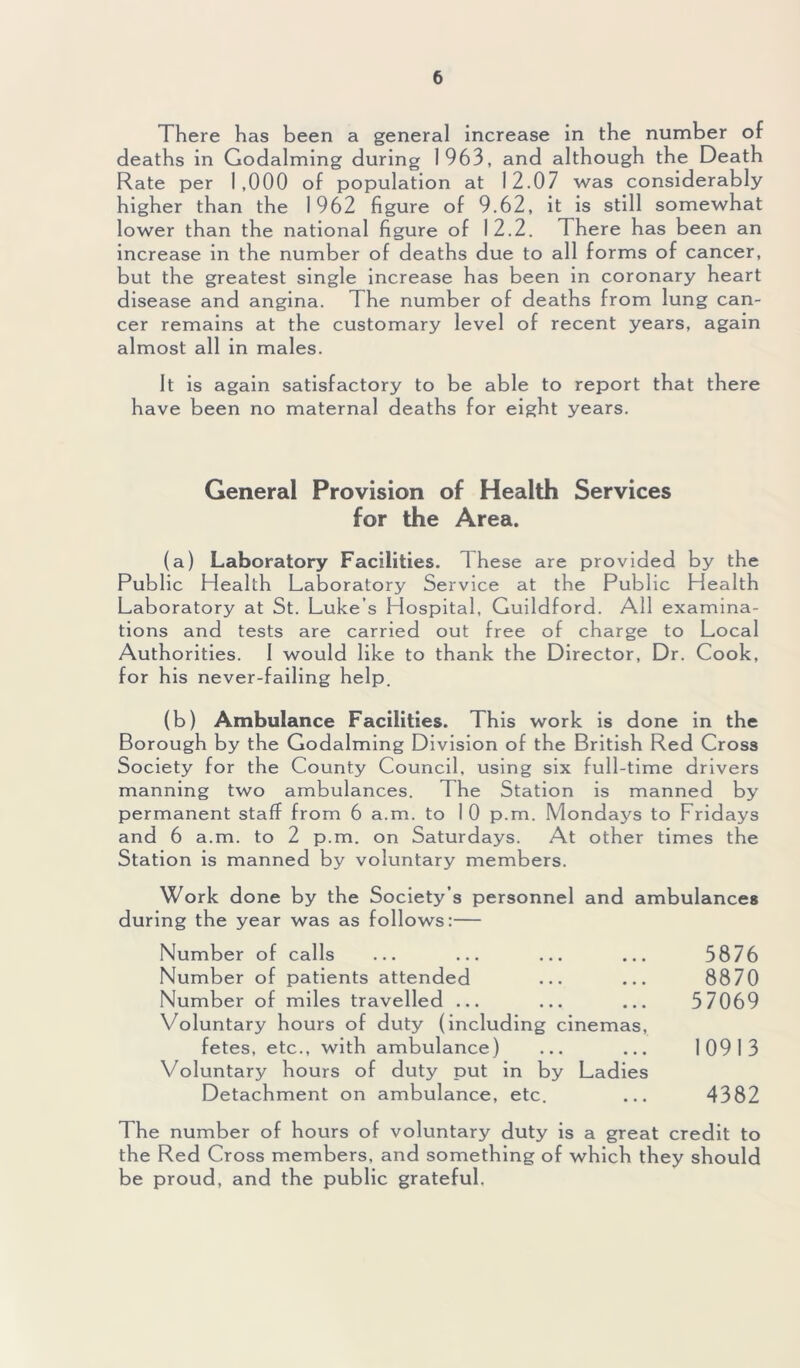 There has been a general increase in the number of deaths in Godaiming during 1963, and although the Death Rate per 1,000 of population at 12.07 was considerably higher than the 1962 figure of 9.62, it is still somewhat lower than the national figure of 12.2. There has been an increase in the number of deaths due to all forms of cancer, but the greatest single increase has been in coronary heart disease and angina. The number of deaths from lung can- cer remains at the customary level of recent years, again almost all in males. It is again satisfactory to be able to report that there have been no maternal deaths for eight years. General Provision of Health Services for the Area. (a) Laboratory Facilities. These are provided by the Public Health Laboratory Service at the Public Hea 1th Laboratory at St. Luke’s Hospital, Guildford. All examina- tions and tests are carried out free of charge to Local Authorities. I would like to thank the Director, Dr. Cook, for his never-failing help. (b) Ambulance Facilities. This work is done in the Borough by the Godaiming Division of the British Red Cross Society for the County Council, using six full-time drivers manning two ambulances. The Station is manned by permanent staff from 6 a.m. to 10 p.m. Mondays to Fridays and 6 a.m. to 2 p.m. on Saturdays. At other times the Station is manned by voluntary members. Work done by the Society’s personnel and ambulances during the year was as follows:— Number of calls ... ... ... ... 5876 Number of patients attended ... ... 8870 Number of miles travelled ... ... ... 57069 Voluntary hours of duty (including cinemas, fetes, etc., with ambulance) ... ... 10913 Voluntary hours of duty put in by Ladies Detachment on ambulance, etc. ... 4382 The number of hours of voluntary duty is a great credit to the Red Cross members, and something of which they should be proud, and the public grateful.