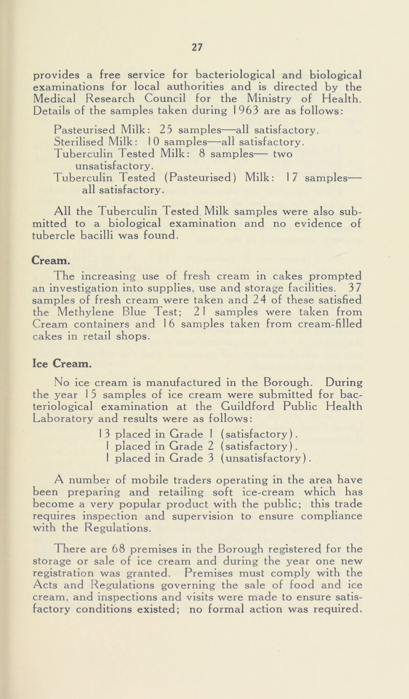 provides a free service for bacteriological and biological examinations for local authorities and is directed by the Medical Research Council for the Ministry of Health. Details of the samples taken during 1963 are as follows: Pasteurised Milk: 23 samples—all satisfactory. Sterilised Milk: 10 samples—all satisfactory. Tuberculin Tested Milk: 8 samples— two unsatisfactory. Tuberculin Tested (Pasteurised) Milk: 1 7 samples— all satisfactory. All the Tuberculin Tested Milk samples were also sub- mitted to a biological examination and no evidence of tubercle bacilli was found. Cream. The increasing use of fresh cream in cakes prompted an investigation into supplies, use and storage facilities. 3 7 samples of fresh cream were taken and 24 of these satisfied the Methylene Blue Test; 2 1 samples were taken from Cream containers and 1 6 samples taken from cream-filled cakes in retail shops. Ice Cream. No ice cream is manufactured in the Borough. During the year I 5 samples of ice cream were submitted for bac- teriological examination at the Guildford Public Health Laboratory and results were as follows: 13 placed in Grade 1 (satisfactory). I placed in Grade 2 (satisfactory). I placed in Grade 3 (unsatisfactory). A number of mobile traders operating in the area have been preparing and retailing soft ice-cream which has become a very popular product with the public; this trade requires inspection and supervision to ensure compliance with the Regulations. There are 68 premises in the Borough registered for the storage or sale of ice cream and during the year one new registration was granted. Premises must comply with the Acts and Regulations governing the sale of food and ice cream, and inspections and visits were made to ensure satis- factory conditions existed; no formal action was required.