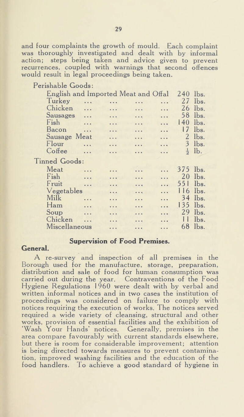 and four complaints the growth of mould. Each complaint was thoroughly investigated and dealt with by informal action; steps being taken and advice given to prevent recurrences, coupled with warnings that second offences would result in legal proceedings being taken. Perishable Goods: English and Impo rted Meat and Offal 240 lbs. Turkey 27 lbs. Chicken 26 lbs. Sausages 58 lbs. Fish 140 lbs. Bacon 17 lbs. Sausage Meat 2 lbs. Flour 3 lbs. Coffee 1 2 lb. Tinned Goods: Meat 375 lbs. Fish 20 lbs. Fruit 551 lbs. Vegetables 1 16 lbs. Milk 34 lbs. Ham 135 lbs. Soup 29 lbs. Chicken 1 1 lbs. Miscellaneous 68 lbs. Supervision of Food Premises. General. A re-survey and inspection of all premises in the Borough used for the manufacture, storage, preparation, distribution and sale of food for human consumption was carried out during the year. Contraventions of the Food Hygiene Regulations I960 were dealt with by verbal and written informal notices and in two cases the institution of proceedings was considered on failure to comply with notices requiring the execution of works. The notices served required a wide variety of cleansing, structural and other works, provision of essential facilities and the exhibition of 'Wash Your Hands’ notices. Generally, premises in the area compare favourably with current standards elsewhere, but there is room for considerable improvement; attention is being directed towards measures to prevent contamina- tion, improved washing facilities and the education of the food handlers. To achieve a good standard of hygiene in