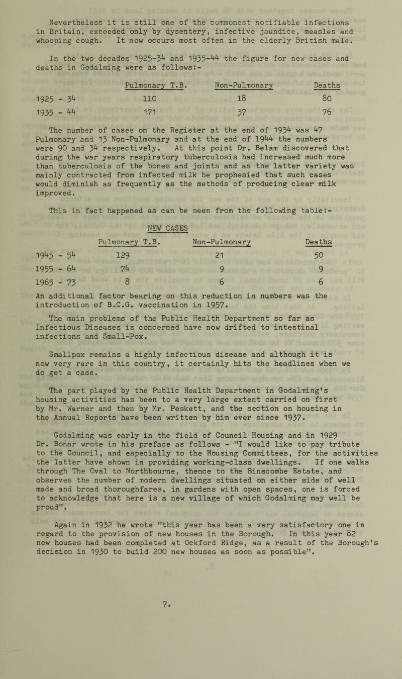 Nevertheless it is still one of the commonest notifiable infections in Britain, exceeded only by dysentery, infective jaundice, measles and whooping cough. It now occurs most often in the elderly British male. In the two decades 1925“34 and 1935-44 the figure for new cases and deaths in Godaiming were as follows:- Pulmonary T.B. Non-Pulmonary Deaths 1925 - 34 110 18 80 1935 _ 44 171 37 76 The number of cases on the Register at the end of 1934 was 47 Pulmonary and 13 Non-Pulmonary and at the end of 1944 the numbers were 90 and 34 respectively. At this point Dr. Belam discovered that during the war years respiratory tuberculosis had increased much more than tuberculosis of the bones and joints and as the latter variety was mainly contracted from infected milk he prophesied that such cases would diminish as frequently as the methods of producing clear milk improved. This in fact happened as can be seen from the following table:- NSW CASES Pulmonary T.B. Non-Pulmonary Deaths 1945 - 54 129 21 50 1955 - 64 74 9 9 1965 - 73 8 6 6 An additional factor bearing on this reduction in numbers was the introduction of B.C.G. vaccination in 1957. The main problems of the Public Health Department so far as Infectious Diseases is concerned have now drifted to intestinal infections and Small-Pox. Smallpox remains a highly infectious disease and although it is now very rare in this country, it certainly hits the headlines when we do get a case. The part played by the Public Health Department in Godaiming's housing activities has been to a very large extent carried on first by Mr. Warner and then by Mr. Peskett, and the section on housing in the Annual Reports have been written by him ever since 1937. Godaiming was early in the field of Council Housing and in 1929 Dr. Bonar wrote in his preface as follows - I would like to pay tribute to the Council, and especially to the Housing Committees, for the activities the latter have shown in providing working-class dwellings. If one walks through The Oval to Northbourne, thence to the Binscombe Estate, and observes the number of modern dwellings situated on either side of well made and broad thoroughfares, in gardens with open spaces, one is forced to acknowledge that here is a new village of which Godaiming may well be proud. Again in 1932 he wrote this year has been a very satisfactory one in regard to the provision of new houses in the Borough. In this year 82 new houses had been completed at Ockford Ridge, as a result of the Borough's decision in 1930 to build 200 new houses as soon as possible.