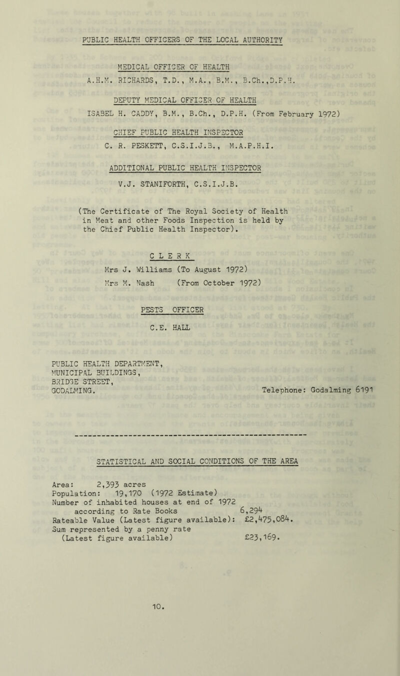 MEDICAL OFFICER OF HEALTH A.H.M. RICHARDS, T.D., M.A., B.M., B.Ch.,D.P.H. DEPUTY MEDICAL OFFICER OF HEALTH ISABEL H. CADDY, B.M., B.Ch., D.P.H. (From February 1972) CHIEF PUBLIC HEALTH INSPECTOR C. R. PESKETT, C.S.I.J.3., M.A.P.H.I. ADDITIONAL PUBLIC HEALTH INSPECTOR V.J. STANIFORTH, C.S.I.J.B. (The Certificate of The Royal Society of Health in Meat and other Foods Inspection is held by the Chief Public Health Inspector). CLERK Mrs J. Williams (To August 1972) Mrs M. Nash (From October 1972) PESTS OFFICER C.E. HALL PUBLIC HEALTH DEPARTMENT, MUNICIPAL BUILDINGS, BRIDGE STREET, GODALMING. Telephone: Godaiming 6191 STATISTICAL AND SOCIAL CONDITIONS OF THE AREA Area: 2,393 acres Population: 19,170 (1972 Estimate) Number of inhabited houses at end of 1972 according to Rate Books 6,294 Rateable Value (Latest figure available): £2,4755084. Sum represented by a penny rate (Latest figure available) £23,169.