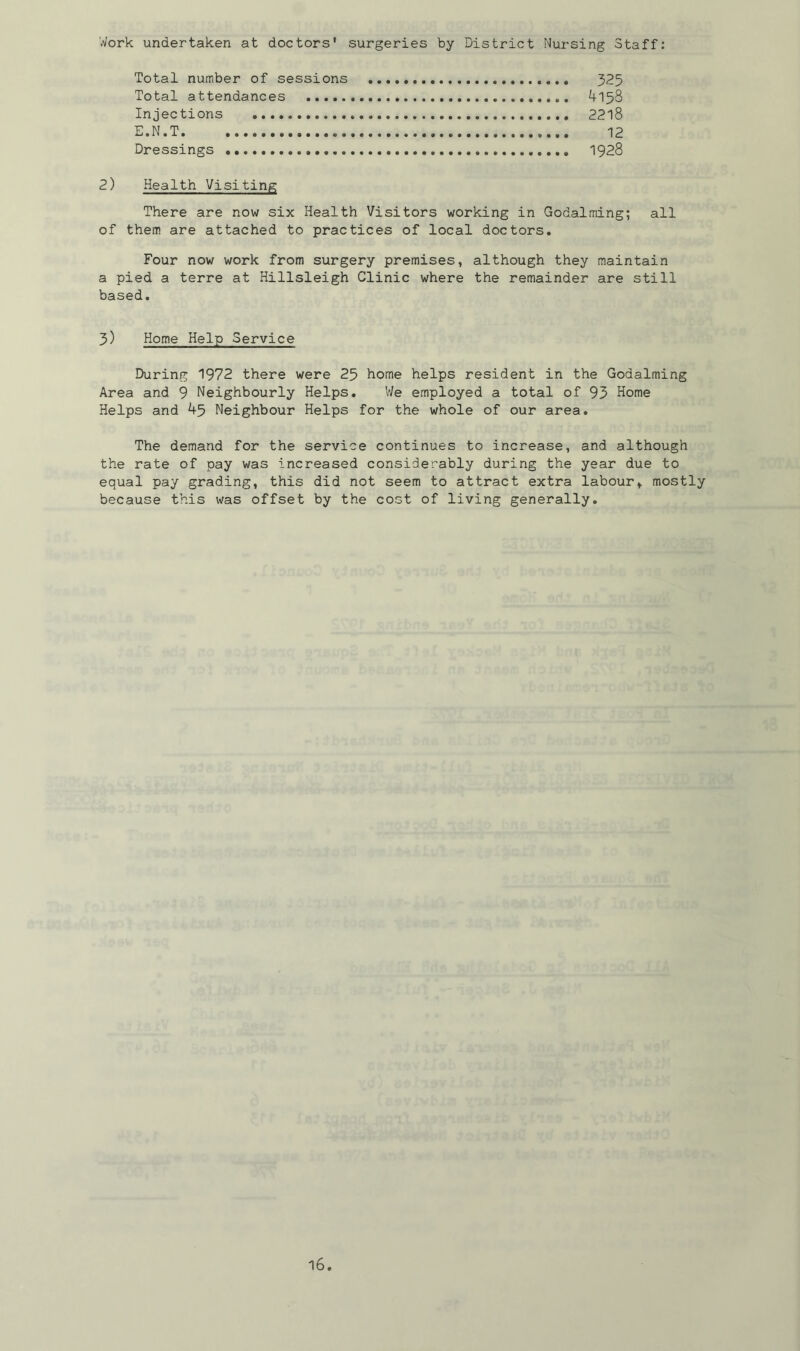 Work undertaken at doctors' surgeries by District Nursing Staff: Total number of sessions 325 Total attendances 4158 Injections 2218 E.N.T 12 Dressings 1928 2) Health Visiting There are now six Health Visitors working in Godaiming; all of them are attached to practices of local doctors. Four now work from surgery premises, although they maintain a pied a terre at Hillsleigh Clinic where the remainder are still based. 3) Home Help Service During 1972 there were 25 home helps resident in the Godaiming Area and 9 Neighbourly Helps. We employed a total of 93 Home Helps and 45 Neighbour Helps for the whole of our area. The demand for the service continues to increase, and although the rate of pay was increased considerably during the year due to equal pay grading, this did not seem to attract extra labour, mostly because this was offset by the cost of living generally.