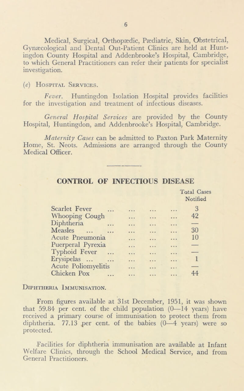Medical, Surgical, Orthopaedic, Paediatric, Skin, Obstetrical, Gynaecological and Dental Out-Patient Clinics are held at Plunt- ingdon County Hospital and Addenbrooke’s Hospital, Cambridge, to which General Practitioners can refer their patients for specialist investigation. (e) Hospital Services. Fever. Huntingdon Isolation Hospital provides facilities for the investigation and treatment of infectious diseases. General Hospital Services are provided by the County Hospital, Huntingdon, and Addenbrooke’s Hospital, Cambridge. Maternity Cases can be admitted to Paxton Park Maternity Home, St. Neots. Admissions are arranged through the County Medical Officer. CONTROL OF INFECTIOUS DISEASE Total Cases Notified Scarlet Fever ... ... ... ... 3 Whooping Cough ... ... ... 42 Diphtheria ... ... ... ... — Measles ... ... ... ... ... 30 Acute Pneumonia ... ... ... 10 Puerperal Pyrexia ... ... ... — Typhoid Fever ... ... ... ... — Erysipelas ... ... ... ... ... 1 Acute Poliomyelitis ... ... ... — Chicken Pox ... ... ... ... 44 Diphtheria Immunisation. From figures available at 31st December, 1951, it was shown that 59.84 per cent, of the child population (0—14 years) have received a primary course of immunisation to protect them from diphtheria. 77.13 per cent, of the babies (0—4 years) were so protected. Facilities for diphtheria immunisation are available at Infant Welfare Clinics, through the School Medical Service, and from General Practitioners.