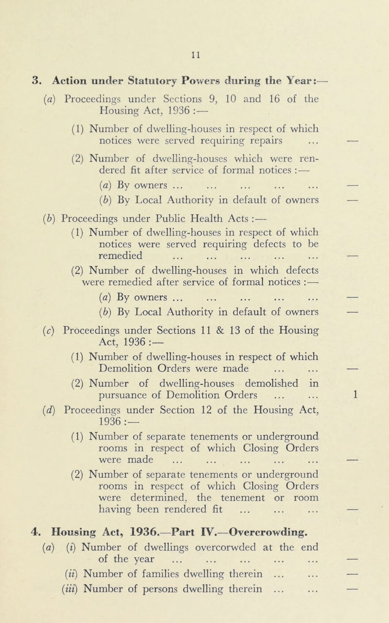 3. Action under Statutory Powers during the Year:— (a) Proceedings under Sections 9, 10 and 16 of the Plousing Act, 1936 :— (1) Number of dwelling-houses in respect of which notices were served requiring repairs (2) Number of dwelling-houses which were ren- dered fit after service of formal notices :— (a) By owners ... (b) By Local Authority in default of owners (b) Proceedings under Public Health Acts : — (1) Number of dwelling-houses in respect of which notices were served requiring defects to be remedied (2) Number of dwelling-houses in which defects were remedied after service of formal notices :— (a) By owners ... (b) By Local Authority in default of owners (c) Proceedings under Sections 11 & 13 of the Housing Act, 1936 :— (1) Number of dwelling-houses in respect of which Demolition Orders were made (2) Number of dwelling-houses demolished in pursuance of Demolition Orders (d) Proceedings under Section 12 of the Housing Act, 1936: — (1) Number of separate tenements or underground rooms in respect of which Closing Orders were made (2) Number of separate tenements or underground rooms in respect of which Closing Orders were determined, the tenement or room having been rendered fit 4. Housing Act, 1936.—Part IV.—Overcrowding. (a) (i) Number of dwellings overcorwded at the end of the year (it) Number of families dwelling therein ... {Hi) Number of persons dwelling therein ...