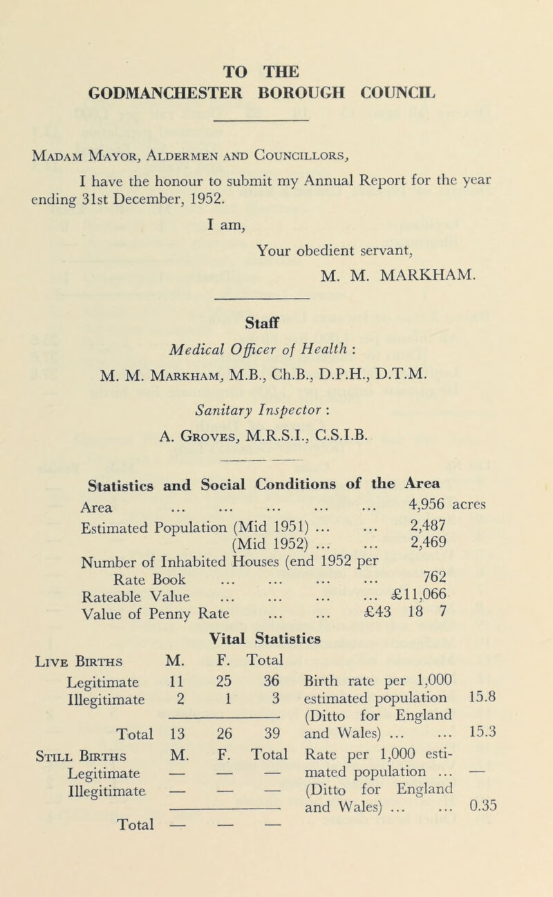 TO THE GODMANCHESTER BOROUGH COUNCIL Madam Mayor, Aldermen and Councillors, I have the honour to submit my Annual Report for the year ending 31st December, 1952. I am, Your obedient servant, M. M. MARKHAM. Staff Medical Officer of Health : M. M. Markham, M.B., Ch.B., D.P.H., D.T.M. Sanitary Inspector : A. Groves, M.R.S.I., C.S.I.B. Statistics and Social Conditions of the Area Area ... ... ••• ••• ••• Estimated Population (Mid 1951) ... (Mid 1952) Number of Inhabited Houses (end 1952 per Rate Book Rateable Value Value of Penny Rate ... ... £43 4,956 acres 2,487 2,469 762 £11,066 18 7 Vital Statistics Live Births M. F. Total Legitimate 11 25 36 Birth rate per 1,000 15.8 Illegitimate 2 1 3 estimated population (Ditto for England Total 13 26 39 and Wales) ... 15.3 Still Births M. F. Total Rate per 1,000 esti- Legitimate — — — mated population ... — Illegitimate — — (Ditto for England and Wales) ... 0.35 Total