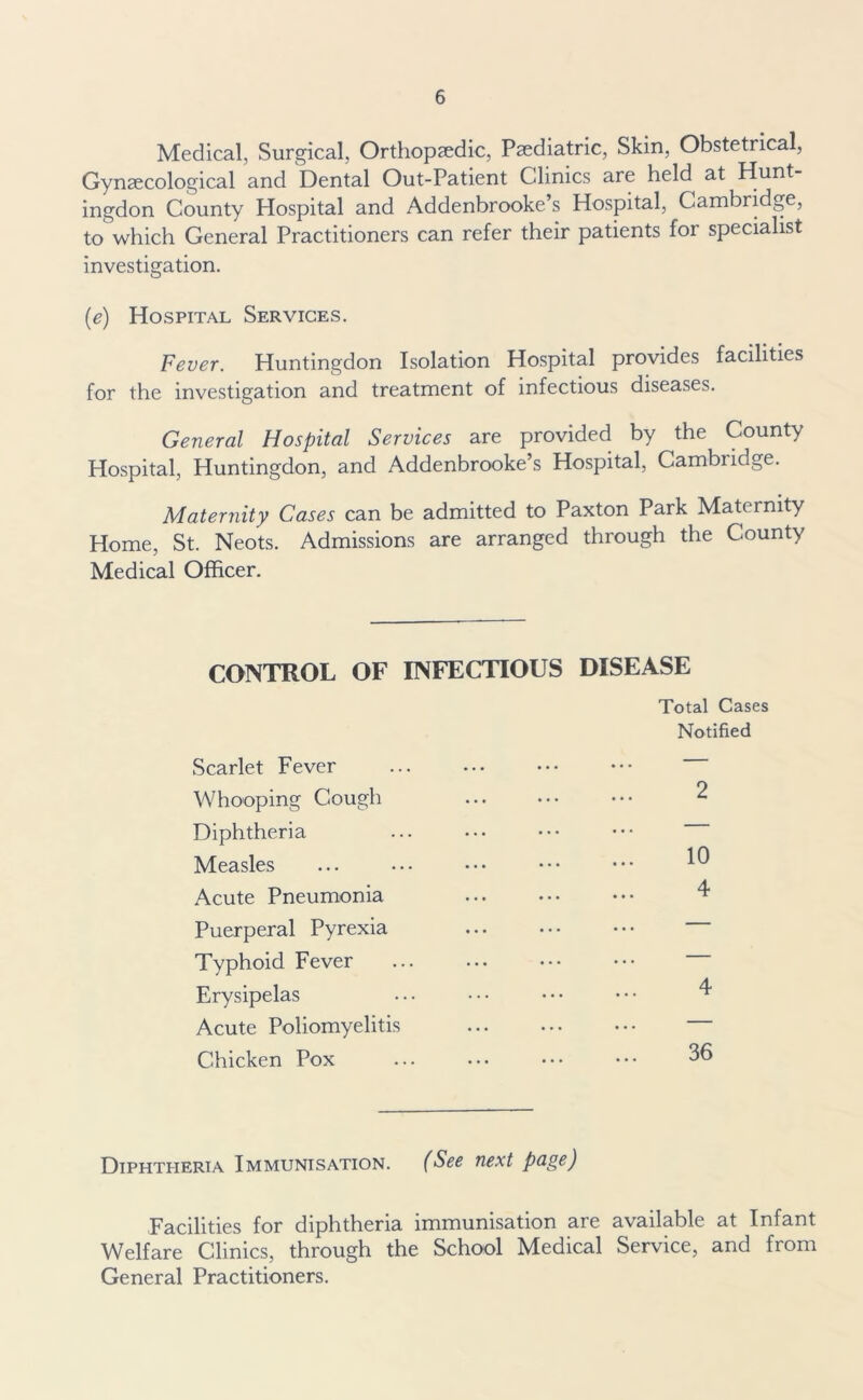 Medical, Surgical, Orthopaedic, Paediatric, Skin, Obstetrica , Gynaecological and Dental Out-Patient Clinics are held at Hunt- ingdon County Hospital and Addenbrooke’s Hospital, Cambridge, to which General Practitioners can refer their patients for specialist investigation. (e) Hospital Services. Fever. Huntingdon Isolation Hospital provides facilities for the investigation and treatment of infectious diseases. General Hospital Services are provided by the County Hospital, Huntingdon, and Addenbrooke’s Hospital, Cambridge. Maternity Cases can be admitted to Paxton Park Maternity Home, St. Neots. Admissions are arranged through the County Medical Officer. CONTROL OF INFECTIOUS DISEASE Total Cases Notified Scarlet Fever Whooping Cough Diphtheria Measles Acute Pneumonia Puerperal Pyrexia Typhoid Fever Erysipelas Acute Poliomyelitis Chicken Pox 2 10 4 4 36 Diphtheria Immunisation. (See next page) Facilities for diphtheria immunisation are available at Infant Welfare Clinics, through the School Medical Service, and from General Practitioners.