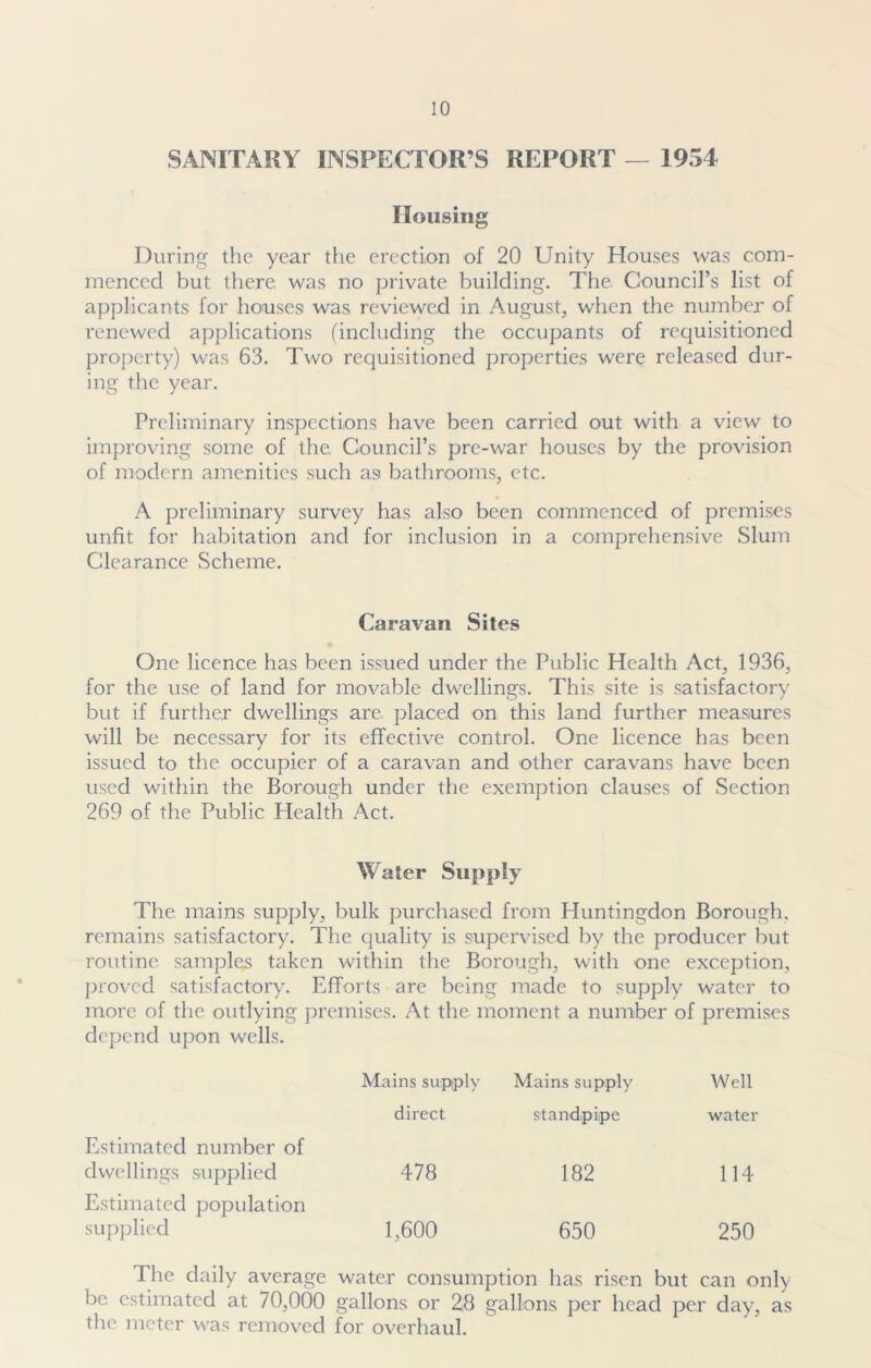 SANITARY INSPECTOR’S REPORT — 1954 Housing During the year the erection of 20 Unity Houses was com- menced but there was no private building. The Council’s list of applicants for houses was. reviewed in August, when the number of renewed applications (including the occupants of requisitioned property) was 63. Two requisitioned properties were released dur- ing the year. Preliminary inspections have been carried out with a view to improving some of the Council’s pre-war houses by the provision of modern amenities such as bathrooms, etc. A preliminary survey has also been commenced of premises unfit for habitation and for inclusion in a comprehensive Slum Clearance Scheme. Caravan Sites One licence has been issued under the Public Health Act, 1936, for the use of land for movable dwellings. This site is satisfactory but if further dwellings are placed on this land further measures will be necessary for its effective control. One licence has been issued to the occupier of a caravan and other caravans have been used within the Borough under the exemption clauses of Section 269 of the Public Health Act. Water Supply The. mains supply, bulk purchased from Huntingdon Borough, remains satisfactory. The quality is supervised by the producer but routine samples taken within the Borough, with one exception, proved satisfactory. Efforts are being made to supply water to more of the outlying premises. At the moment a number of premises depend upon wells. Mains supply Mains supply Well direct standpipe water Estimated number of dwellings supplied 478 182 114 Estimated population supplied 1,600 650 250 The daily average water consumption has risen but can only be estimated at 70,000 gallons or 2-8 gallons per head per day, as the meter was removed for overhaul.