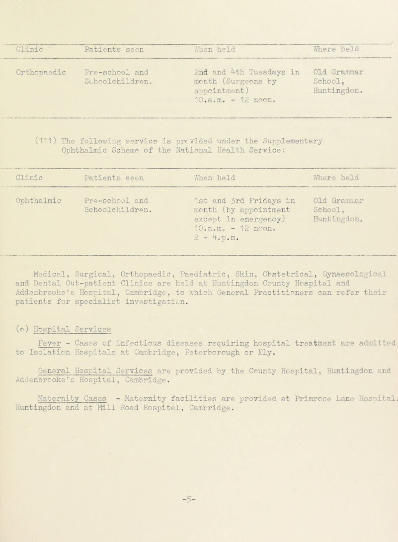 Clinic Patients seen When held Where held Orthopaedic Pre-school and Schoolchildren. 2nd and 4th Tuesdays in month (Surgeons by Old Grammar School, appointment) Huntingdon. 10.a.m. - 12 noon. (ill) The following service is provided under the Supplementary Ophthalmic Scheme of the National Health Service: Clinic Patients seen When held 'Where held Ophthalmic Pre-school and Schoolchildren. 1st and 3rd Fridays in month (by appointment except in emergency) 10.a.m. - 12 noon. 2 - 4.p.m. Old Grammar School, Huntingdon. Medical, Surgical, Orthopaedic, Paediatric, Skin, Obstetrical, Gynaecological and Dental Out-patient Clinics are held at Huntingdon County Hospital and Addenbrooke?s Hospital, Cambridge, to which General Practitioners can refer their patients for specialist investigation. (e) Hospital Services Fever - Cases of infectious diseases requiring hospital treatment are admitted to Isolation Hospitals at Cambridge, Peterborough or Ely. General Hospital Services are provided by the County Hospital, Huntingdon and Addenbrooke's Hospital, Cambridge. Maternity Cases - Maternity facilities are provided at Primrose Lane Hospital. Huntingdon and at Mill Road Hospital, Camtridge.
