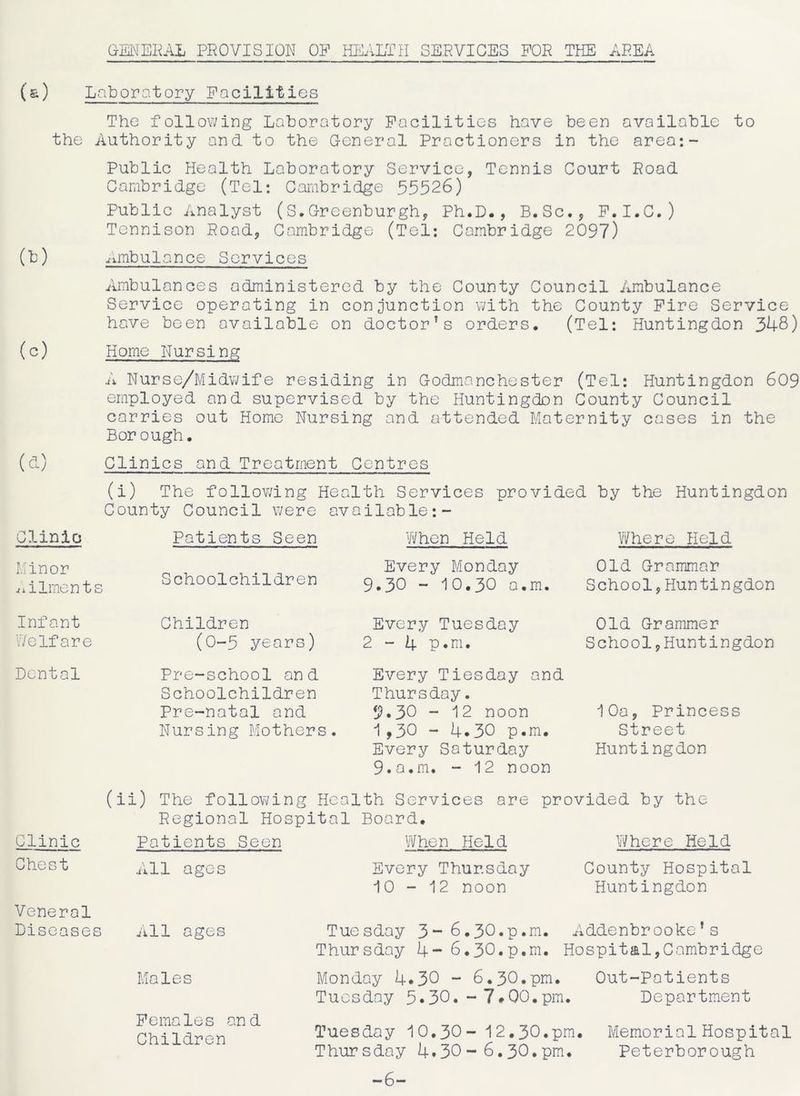 GENERAL PROVISION OP HEALTH SERVICES FOR THE AREA (a) Laboratory Facilities The following Laboratory Facilities have been available to the Authority and to the General Practioners in the area:- Public Health Laboratory Service, Tennis Court Road Cambridge (Tel: Cambridge 55526) Public Analyst (S.Greenburgh, Ph.D., B.Sc,, F.I.C.) Tennison Road, Cambridge (Tel: Cambridge 2097) (b) Ambulance Services Ambulances administered by the County Council Ambulance Service operating in conjunction with the County Fire Service have been available on doctor1s orders, (Tel: Huntingdon 348) (c) Home Nursing A Nurse/Midwife residing in Godmnnchester (Tel: Huntingdon 609 employed and supervised by the Huntingdon County Council carries out Home Nursing and attended Maternity cases in the Borough, (d) Clinics and Treatment Centres (i) The following Health Services provided by the Huntingdon County Council were available: - Clinic Patients Seen When Held Where Held Minor Schoolchildren Every Monday Old Grammar Ailments 9.30 - 10.30 a.m. School,Huntingdon Infant Children Every Tuesday Old Grammer Welfare (0-5 years) 2 - 4 p.m. School,Huntingdon Dental Pre-school and Every Tiesday and Schoolchildren Thursday. Pre-natal and 9.30 - 12 noon 10a, Princess Nursing Mothers. 1,30 - 4.30 p.m. Street Every Saturday 9.a.m. - 12 noon Huntingdon (ii) The following Hea 1th Services are provided by the Regional Hospital Board. Clinic Patients Seen When Held Where Held Chest All ages Every Thursday County Hospital 10 - 12 noon Huntingdon Veneral Diseases All ages Tuesday 3~ 6.30.p.m. Addenbrooke’s Thursday 4- 6.30.p.m. Hospital,Cambridge Males Monday 4*30 - 6.30.pm. Out-Patients Tuesday 5.30. - 7#00.pm. Department Tuesday 10.30 - 12.30.pm. Thursday 4.30- 6.30.pm, -6- Females and Children Memorial Hospital Peterborough