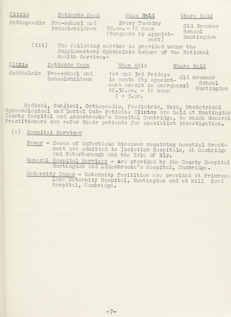 Clinic Orthopaedic (iii) Pre-school and Every Tuesday Schoolchildren 10.am,- 12 noon (Surgeons by Appoint- ment ) Old Grammar School Huntingdon The following service is provided under the Supplementary Ophthalmic Scheme of the National Health Service;- Clinic Patients Seen Ophthalmic Pre-school and Schoolchildren When Held Where Held 1st and 3rd Fridays ~ in month (by appoint- 01d Grammar ment axecpt in emergency) . - 12 noon Huntingdon 10.30.am 2 - 3.prn. Medical, Surgical, Orthopaedic, Paediatric, Skin, Obstetrical Gynaecological and Dental Out- Patients Clinics are held at Huntingdon County Hospital and aindenbrooke?s Hospital Cambridge, to which General Practitioners can refer their patients for specialist investigation, (e) Hospital Services jauVPr, “ Cases of infectious diseases requiring hosptial treat- ment are admitted to Isolation Hospitals, at Cambridge and Peterborough and the Isle of Ely. General Hospital Services - are provided by the County Hospital Huntingdon and AddenbrookeTs Hospital, Cambridge. ela.~kppHity„ Cases - Maternity facilities are provided at Primrose Lane.Maternity Hospital, Huntingdon and at Mill Poad Hospital, Cambridge. ~7-