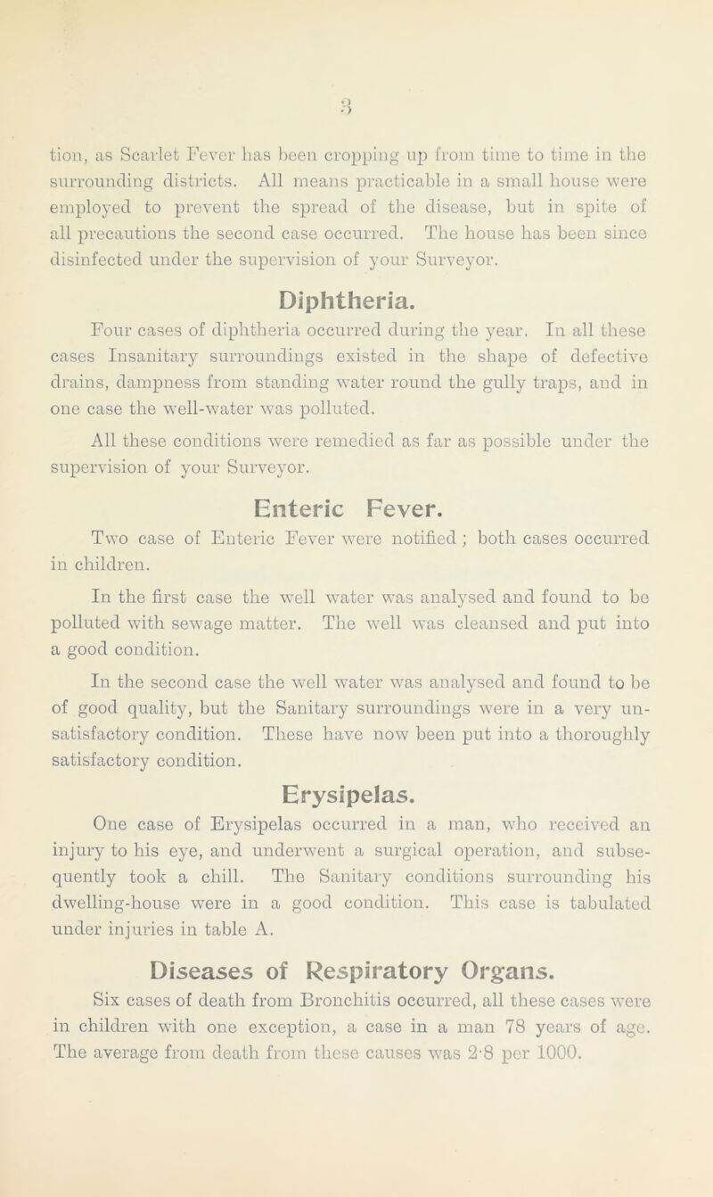 •) tion, as Scarlet Fever has been cropping lip from time to time in the surrounding districts. All means practicable in a small house were employed to prevent the spread of the disease, but in spite of all precautions the second case occurred. The house has been since disinfected under the supervision of your Surveyor. Diphtheria. Four cases of diphtheria occurred during the year. In all these cases Insanitary surroundings existed in the shape of defective drains, dampness from standing water round the gully traps, and in one case the well-water was polluted. All these conditions were remedied as far as possible under the supervision of your Surveyor. Enteric Fever. Two case of Enteric Fever were notified ; both cases occurred in children. In the first case the well water was analysed and found to be polluted with sew7age matter. The well was cleansed and put into a good condition. In the second case the well water was analysed and found to be of good quality, but the Sanitary surroundings were in a very un- satisfactory condition. These have now been put into a thoroughly satisfactory condition. Erysipelas. One case of Erysipelas occurred in a man, who received an injury to his eye, and underwent a surgical operation, and subse- quently took a chill. The Sanitary conditions surrounding his dwelling-house were in a good condition. This case is tabulated under injuries in table A. Diseases of Respiratory Organs. Six cases of death from Bronchitis occurred, all these cases were in children with one exception, a case in a man 78 years of age. The average from death from these causes vras 2-8 per 1000.