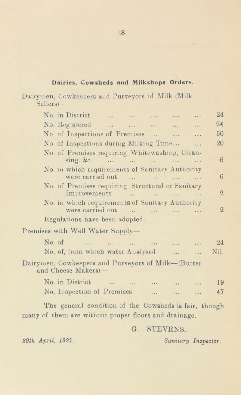 Dairies, Cowsheds and Milkshops Orders. Dairymen, Gowkeepers and Purveyors of Milk (Milk- Hellers)— No. in District ... .. ... ... ... 24 No. Registered ... ... ... ... ... 24 No. of Inspections of Premises ... ... ... 50 L No. of Inspections during Milking Time... ... 20 No. of Premises requiring Whitewashing, Clean- sing. &c. ... ... .. ... ... 6 No. in which requirements of Sanitary Authority were carried out ... ... ... ... 6 No. of Premises requiring Structural or Sanitary Improvements ... ... ... .. 2 No. in which requirements of Sanitary Authority were carried out ... ... ... ... 2 Regulations have been adopted. Premises with Well Water Supply— No. of ... ... ... ... ... ... 24 No. of, from which water Analysed ... ... Nil. Dairymen, Gowkeepers and Purveyors of Milk—(Butter and Cheese Makers)— No. in District .. ... ... ... ... 19 No. Inspection of Premises ... ... ... 47 The general condition of the Cowsheds is fair, though many of them are without proper floors and drainage. G. STEVENS, 29th April, 1927. Sanitary Inspector.