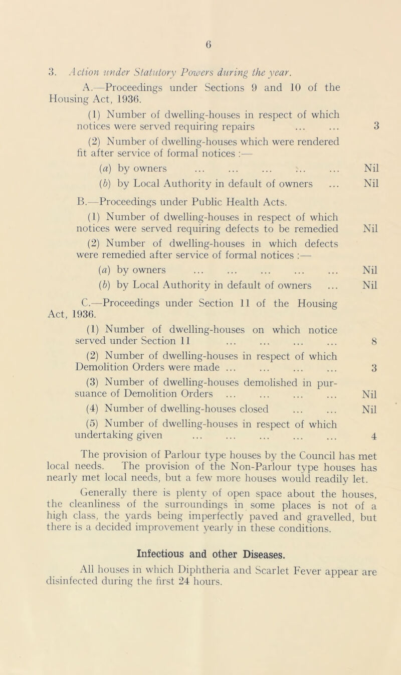 3. Action under Statutory Powers during the year. A.—Proceedings under Sections 9 and 10 of the Housing Act, 1936. (1) Number of dwelling-houses in respect of which notices were served requiring repairs ... ... 3 (2) Number of dwelling-houses which were rendered fit after service of formal notices :— (a) by owners ... ... ... ... ... Nil (b) by Local Authority in default of owners ... Nil B.- Proceedings under Public Health Acts. (1) Number of dwelling-houses in respect of which notices were served requiring defects to be remedied Nil (2) Number of dwelling-houses in which defects were remedied after service of formal notices :— {a) by owners ... ... ... ... ... Nil (b) by Local Authority in default of owners ... Nil C.—Proceedings under Section 11 of the Housing Act, 1936. (1) Number of dwelling-houses on which notice served under Section 11 ... ... ... ... 8 (2) Number of dwelling-houses in respect of which Demolition Orders were made ... ... ... ... 3 (3) Number of dwelling-houses demolished in pur- suance of Demolition Orders ... ... ... ... Nil (4) Number of dwelling-houses closed ... ... Nil (5) Number of dwelling-houses in respect of which undertaking given ... ... ... ... ... 4 The provision of Parlour type houses by the Council has met local needs. The provision of the Non-Parlour type houses has nearly met local needs, but a few more houses would readily let. Generally there is plenty of open space about the houses, the cleanliness of the surroundings in some places is not of a high class, the yards being imperfectly paved and gravelled, but there is a decided improvement yearly in these conditions. Infectious and other Diseases. All houses in which Diphtheria and Scarlet Fever appear are disinfected during the first 24 hours.