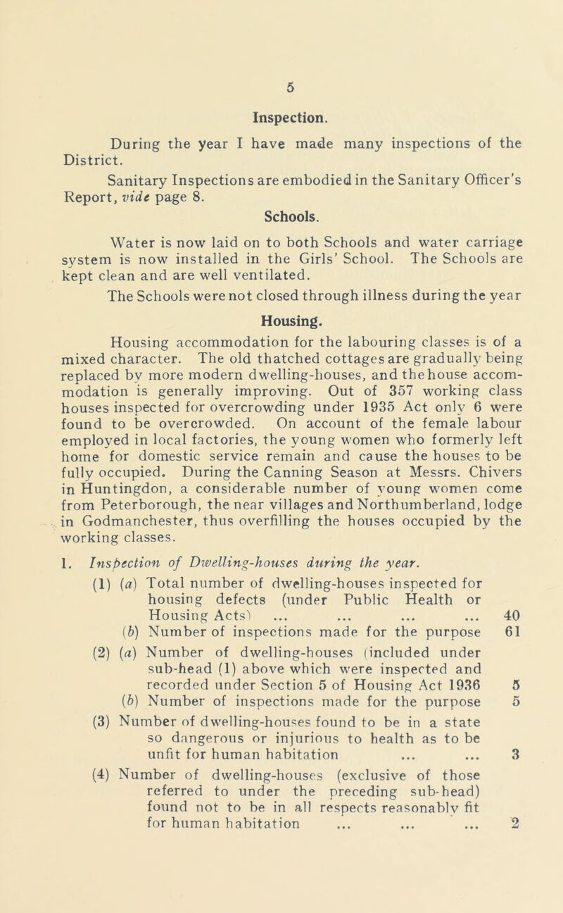 Inspection. During the year I have made many inspections of the District. Sanitary Inspections are embodied in the Sanitary Officer’s Report, vide page 8. Schools. Water is now laid on to both Schools and water carriage system is now installed in the Girls’ School. The Schools are kept clean and are well ventilated. The Schools were not closed through illness during the year Housing. Housing accommodation for the labouring classes is of a mixed character. The old thatched cottages are gradually being replaced bv more modern dwelling-houses, and the house accom- modation is generally improving. Out of 357 working class houses inspected for overcrowding under 1935 Act only 6 were found to be overcrowded. On account of the female labour employed in local factories, the young women who formerly left home for domestic service remain and cause the houses to be fully occupied. During the Canning Season at Messrs. Olivers in Huntingdon, a considerable number of young women come from Peterborough, the near villages and Northumberland, lodge in Godmanchester, thus overfilling the houses occupied by the working classes. 1. Inspection of Dwelling-houses during the year. (1) [a) Total number of dwelling-houses inspected for housing defects (under Public Health or Housing Acts') ... ... ... ... 40 (b) Number of inspections made for the purpose 61 (2) (a) Number of dwelling-houses (included under sub-head (1) above which were inspected and recorded under Section 5 of Housing Act 1936 5 (6) Number of inspections made for the purpose 5 (3) Number of dwelling-houses found to be in a state so dangerous or injurious to health as to be unfit for human habitation ... ... 3 (4) Number of dwelling-houses (exclusive of those referred to under the preceding sub-head) found not to be in all respects reasonablv fit for human habitation ... ... ... 2